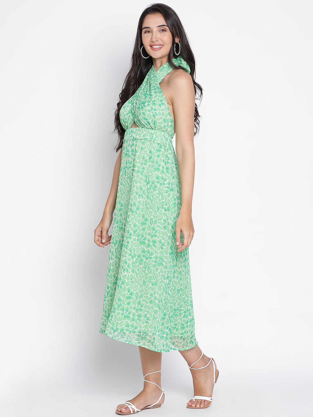 Midi,Green Dress,Midi Dress,Round Neck Dress,Sleeveless Dress,Green Floral Print Dress