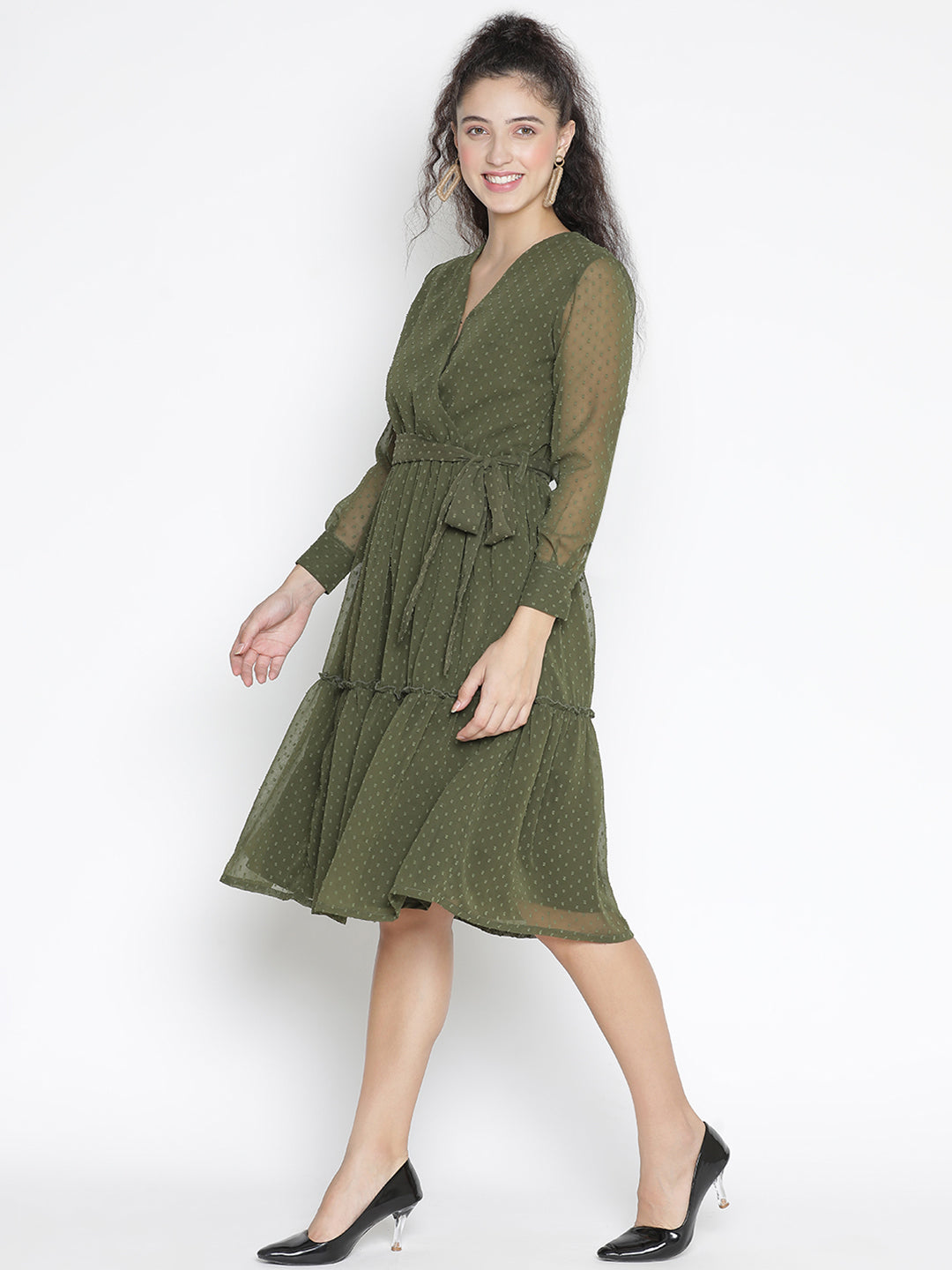 Knee Length,Green Dress,Knee Length Dress,V-Neck Dress,Full Sleeves Dress,Green Solid Dress