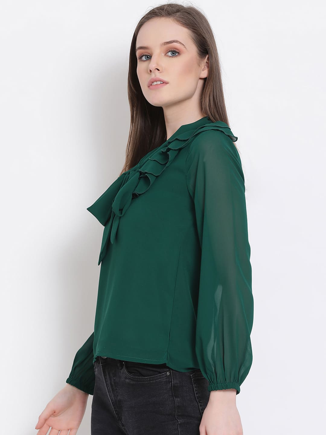 Regular,Green Top,Regular Top,V-Neck Top,Full Sleeves Top,Green Solid Top