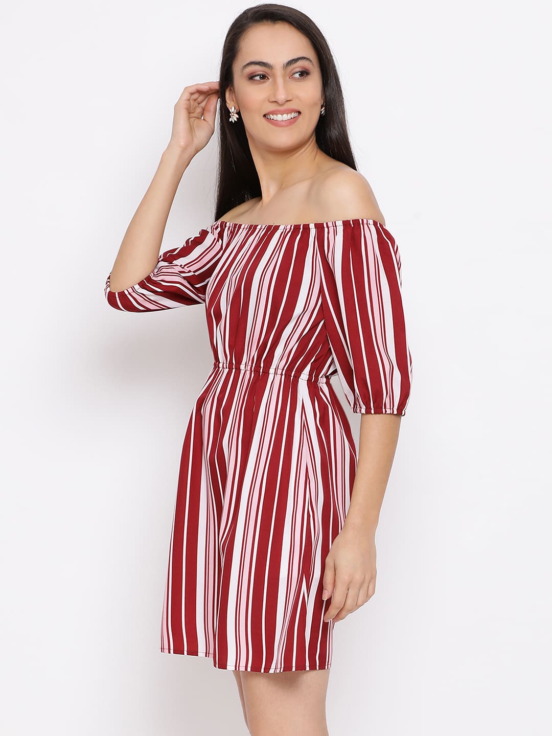 Knee Length,Red Dress,Knee Length Dress,Off Shoulder Dress,Sleeveless Dress,Red Stripes Dress