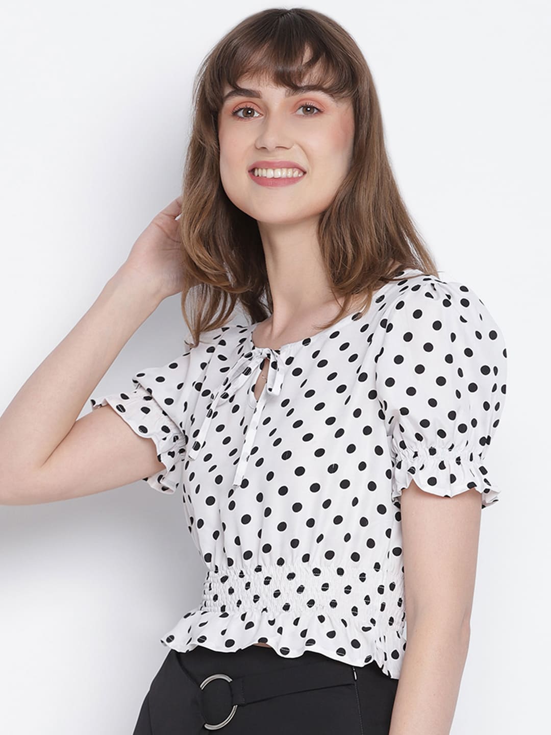 Crop Top,White Top,Crop Top,Round Neck Top,Short Sleeves Top,White Polka Dot Top