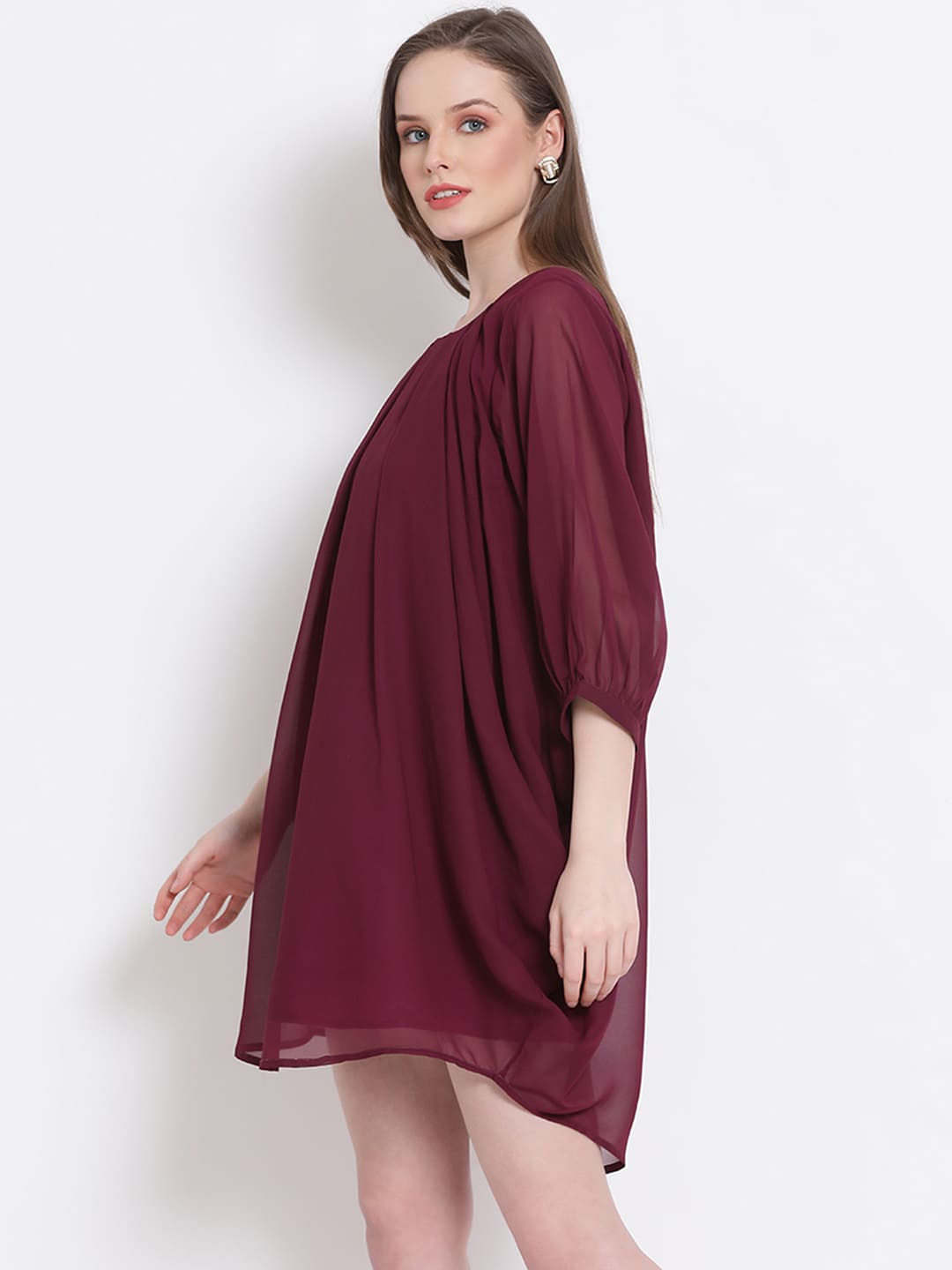 Above Knee,Maroon Dress,Above Knee Dress,Round Neck Dress,Quater Sleeves Dress,Maroon Solid Dress