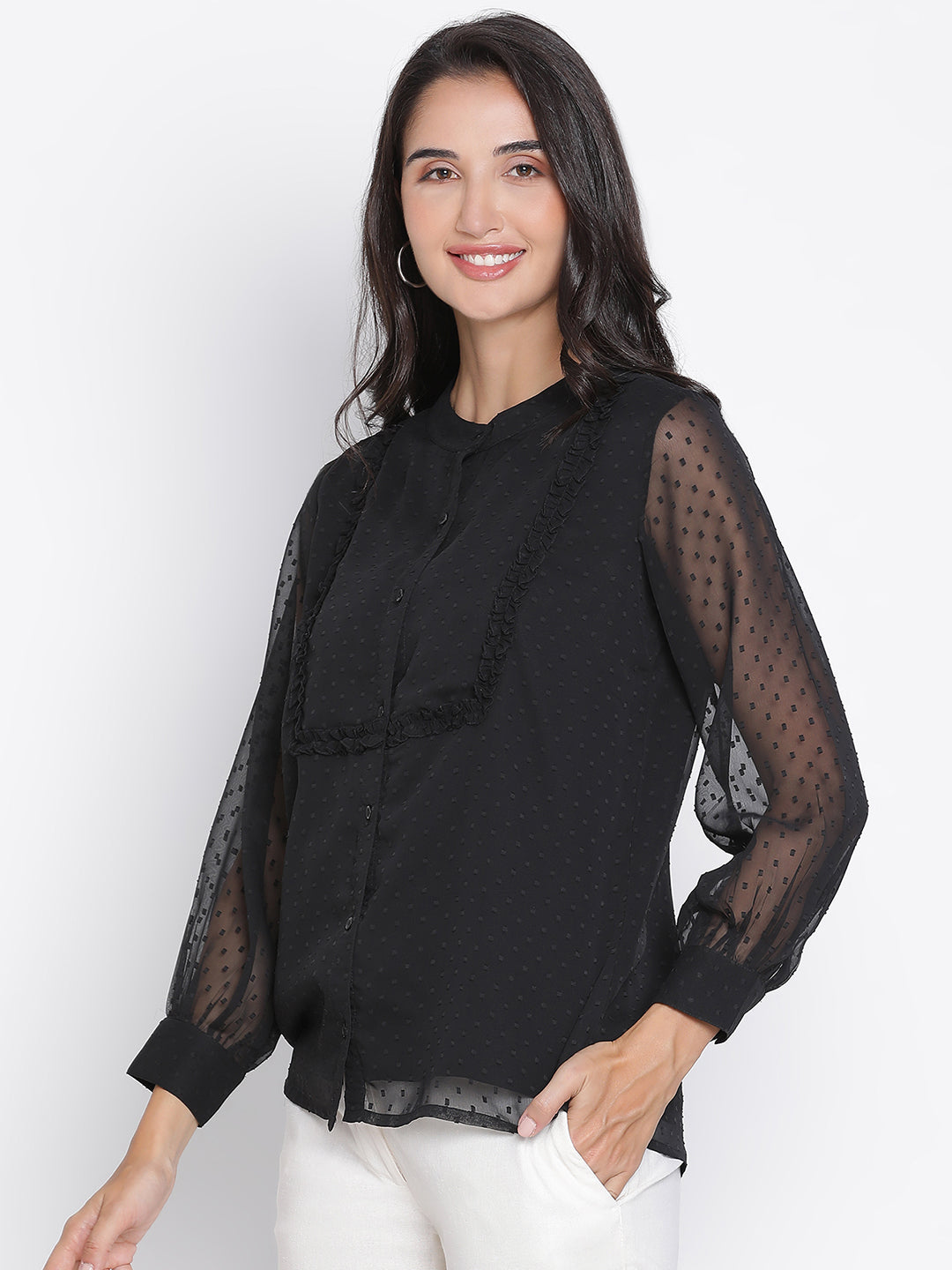 Regular,Black Top,Regular Top,Round Neck Top,Full Sleeves Top,Black Solid Top