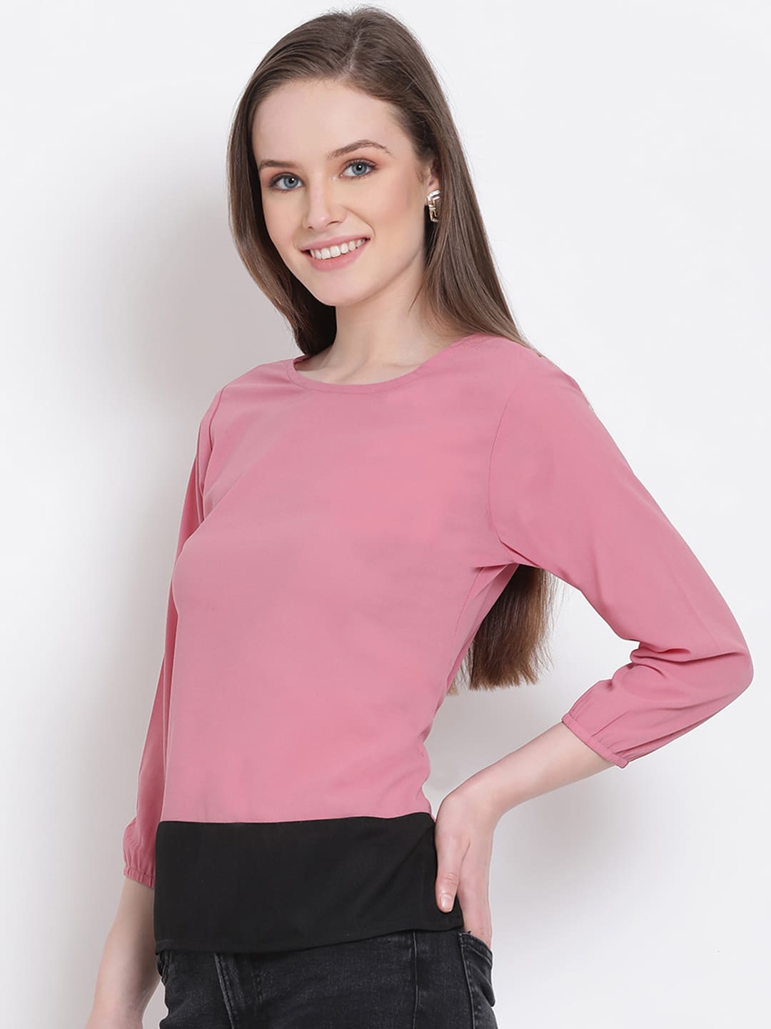 Crop Top,Pink Top,Crop Top,Round Neck Top,Quater Sleeves Top,Pink Solid Top