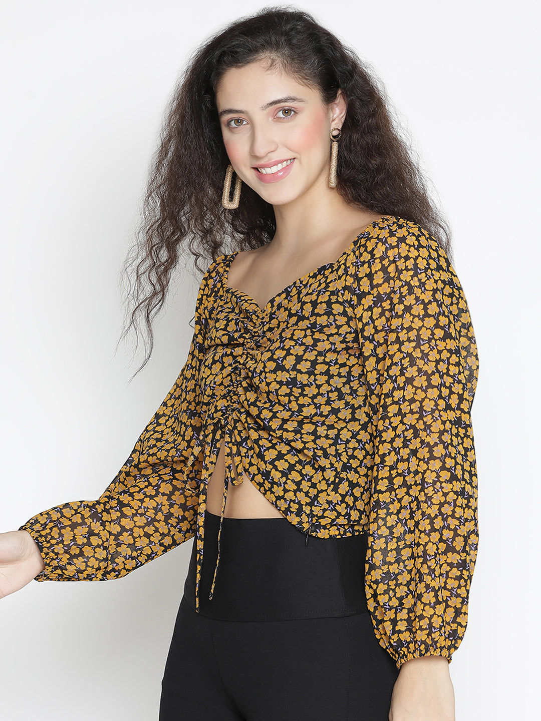 Crop Top,Yellow Top,Crop Top,V-Neck Top,Full Sleeves Top,Yellow Animal Print Top