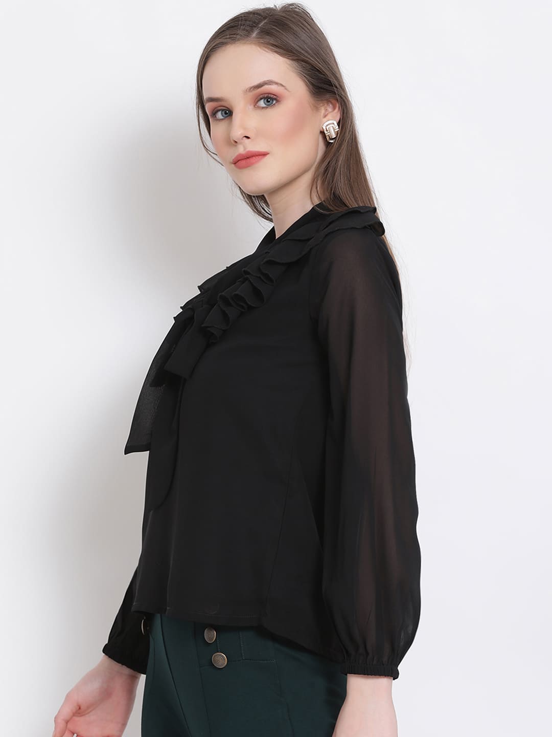 Regular,Black Top,Regular Top,V-Neck Top,Full Sleeves Top,Black Solid Top