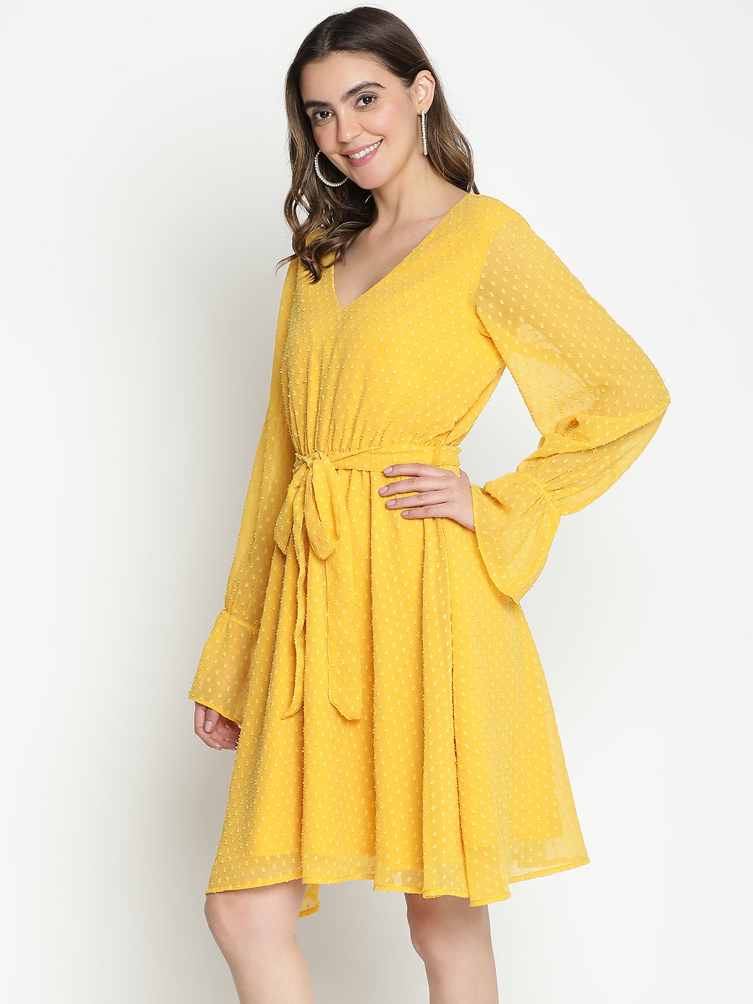 Knee Length,Yellow Dress,Knee Length Dress,V-Neck Dress,Full Sleeves Dress,Yellow Solid Dress