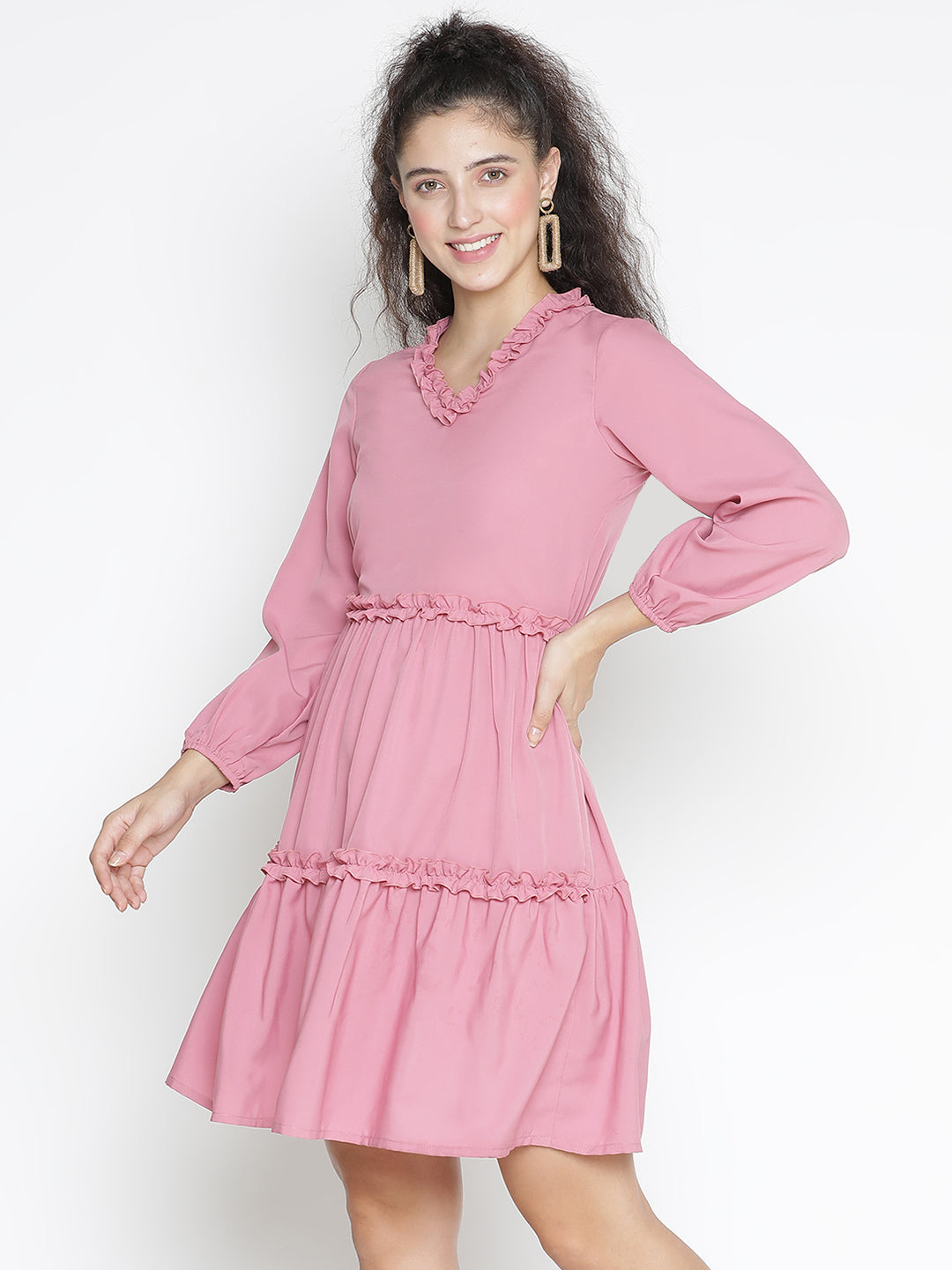 Knee Length,Pink Dress,Knee Length Dress,V-Neck Dress,Quater Sleeves Dress,Pink Solid Dress