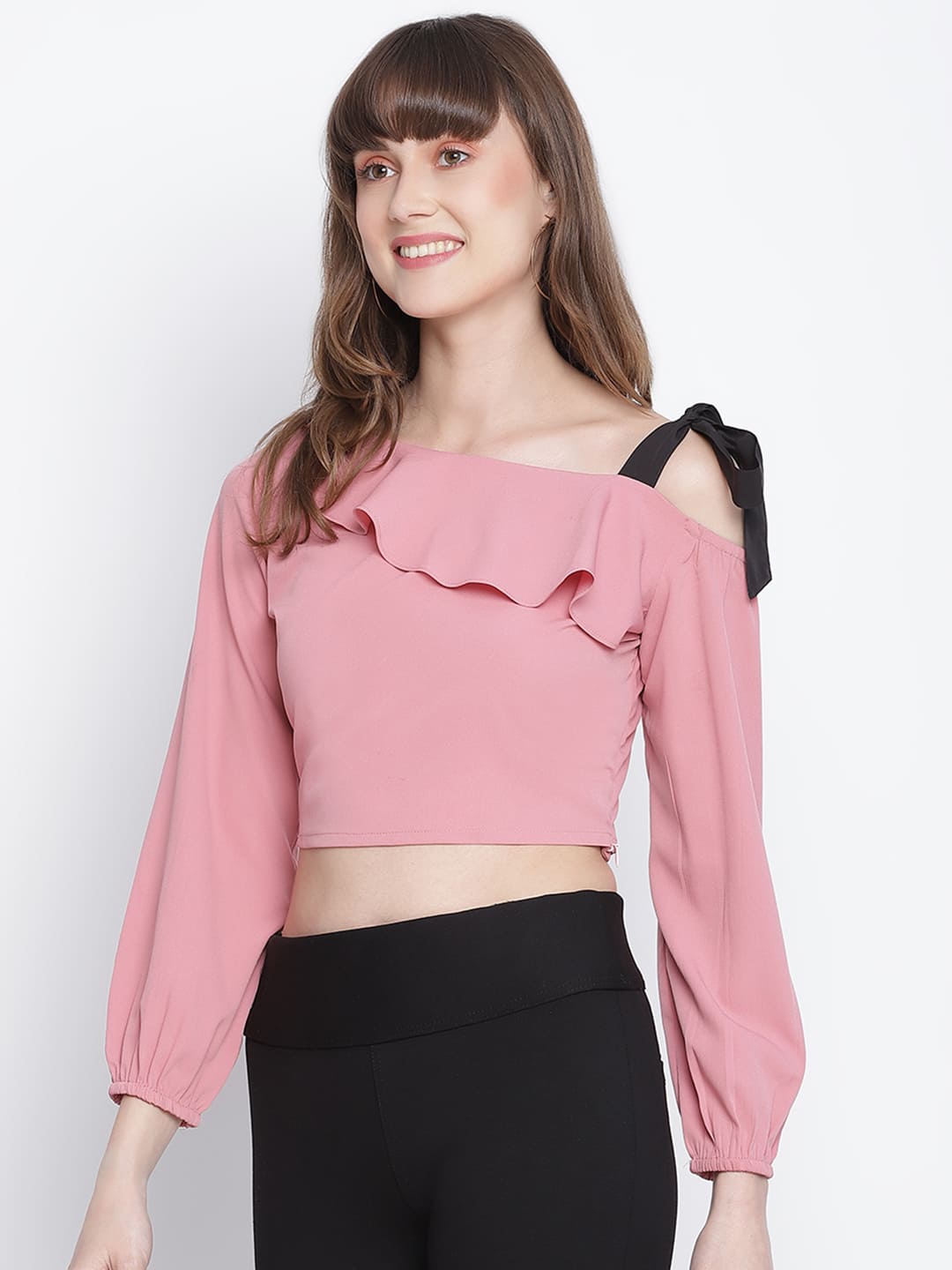 Crop Top,Pink Top,Crop Top,Cold Shoulder Top,Full Sleeves Top,Pink Solid Top