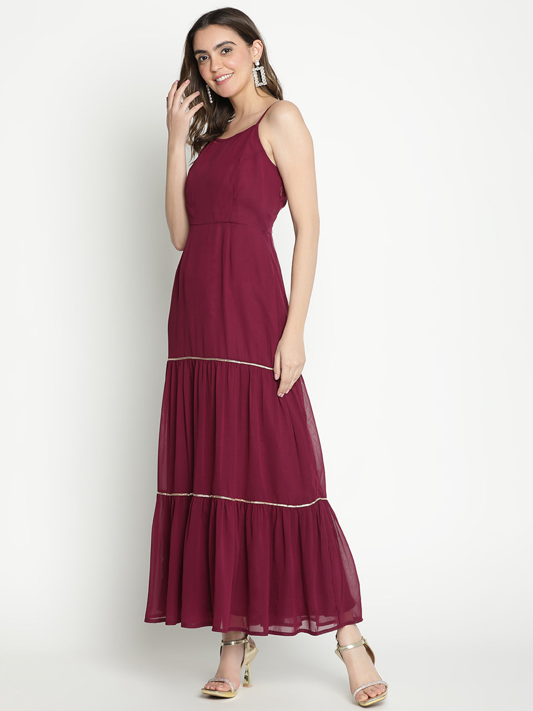 Maxi,Maroon Dress,Maxi Dress,Round Neck Dress,Sleeveless Dress,Maroon Solid Dress