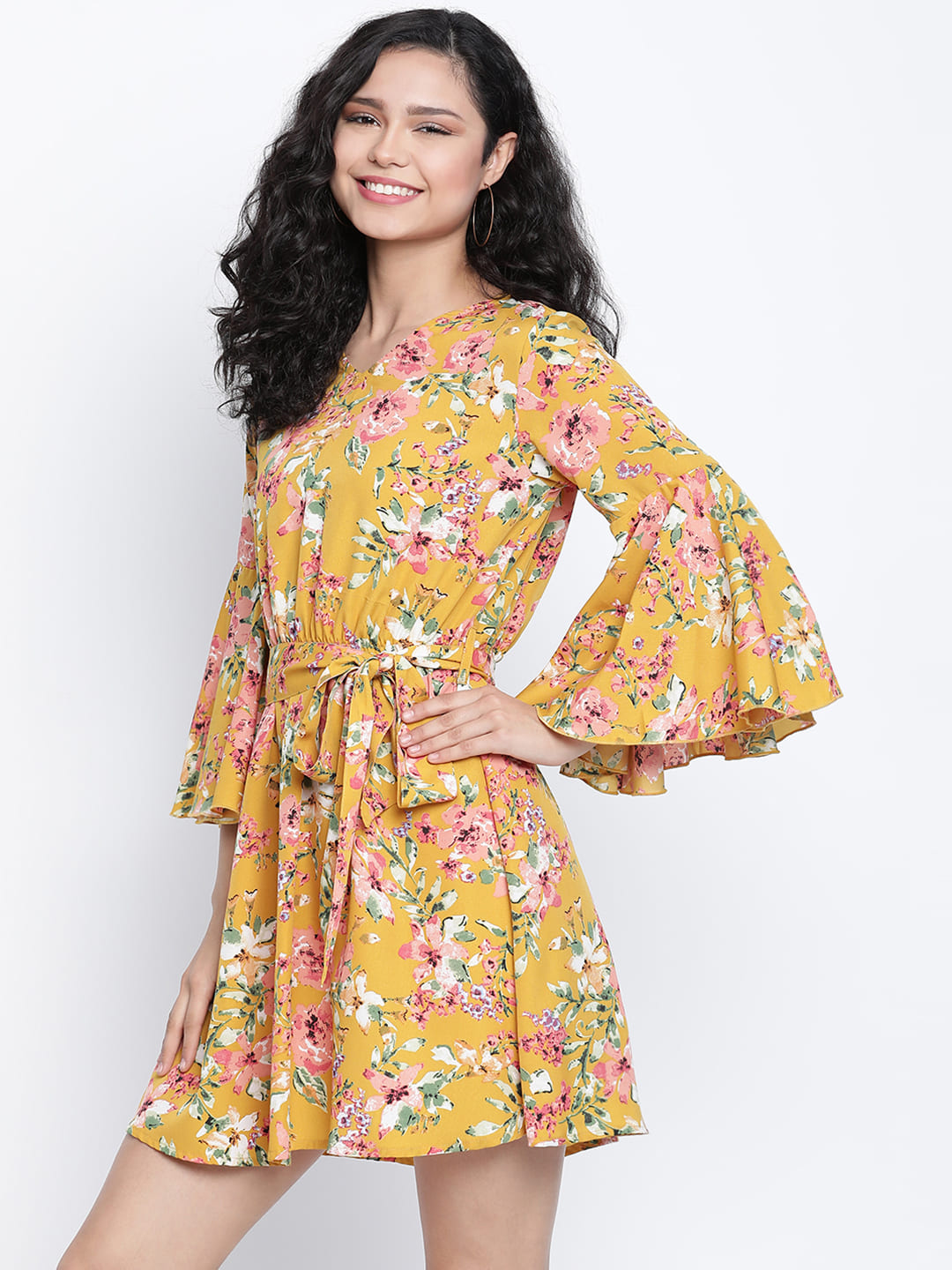 Knee Length,Yellow Dress,Knee Length Dress,V-Neck Dress,Quater Sleeves Dress,Yellow Floral Print Dress