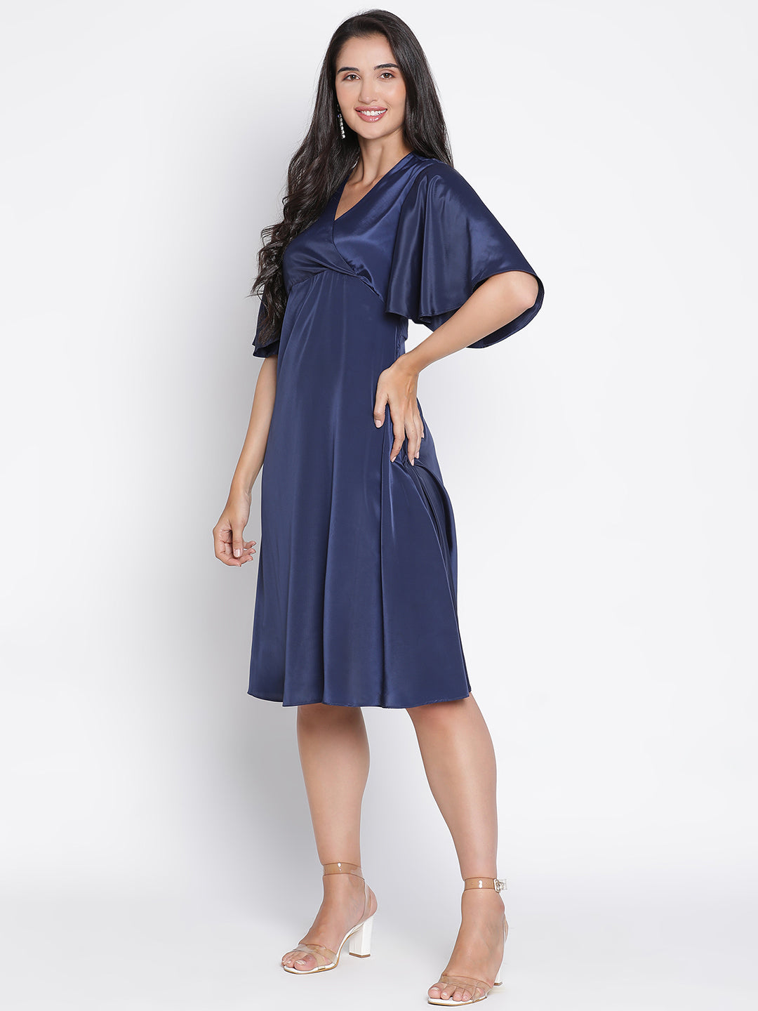 Knee Length,Blue Dress,Knee Length Dress,V-Neck Dress,Short Sleeves Dress,Blue Solid Dress