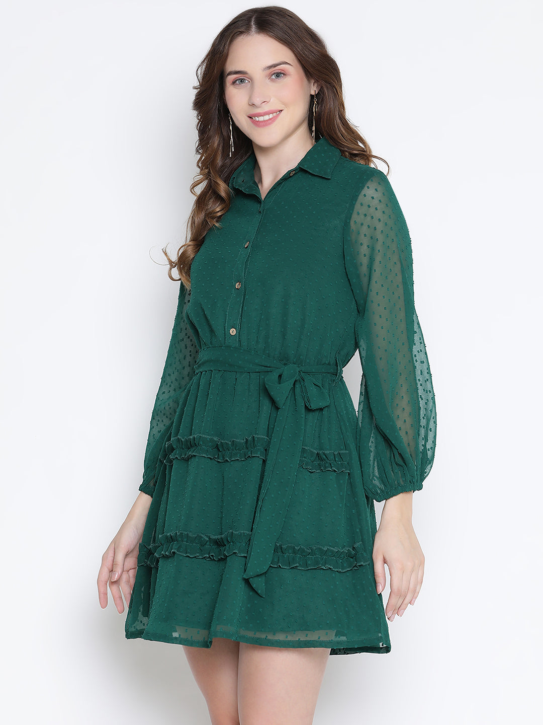 Knee Length,Green Dress,Knee Length Dress,Collared Neck Dress,Full Sleeves Dress,Green Solid Dress