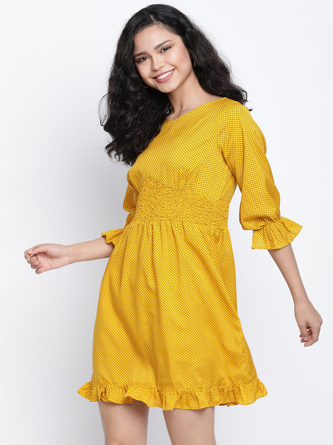 Knee Length,Yellow Dress,Knee Length Dress,Round Neck Dress,Quater Sleeves Dress,Yellow Solid Dress