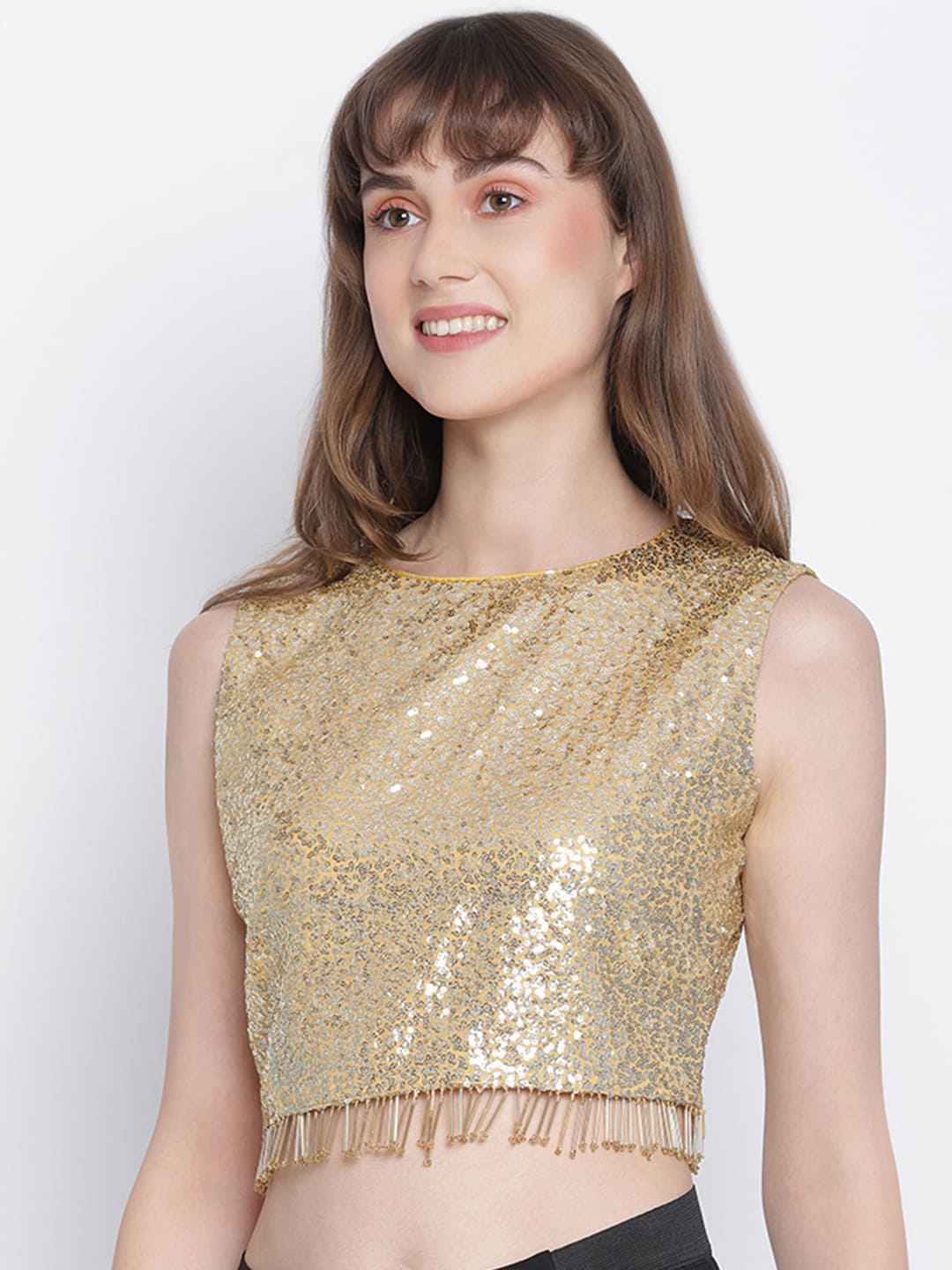 Crop Top,Gold Top,Crop Top,Round Neck Top,Sleeveless Top,Gold Sequined Top