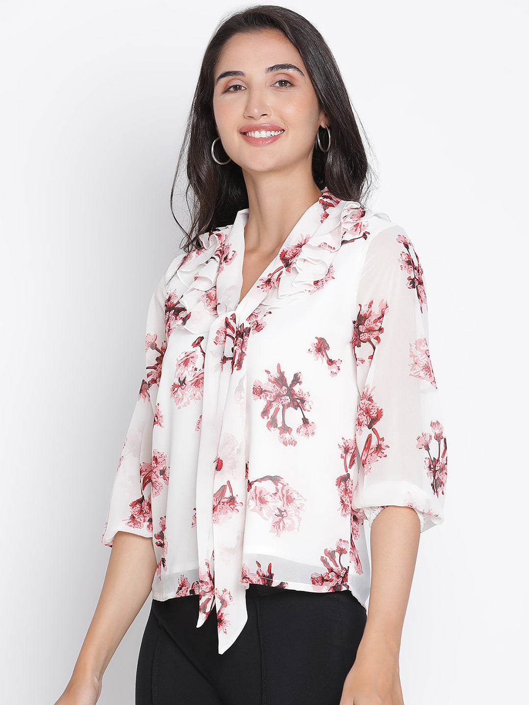 Regular,White Top,Regular Top,V-Neck Top,Quater Sleeves Top,White Floral Print Top