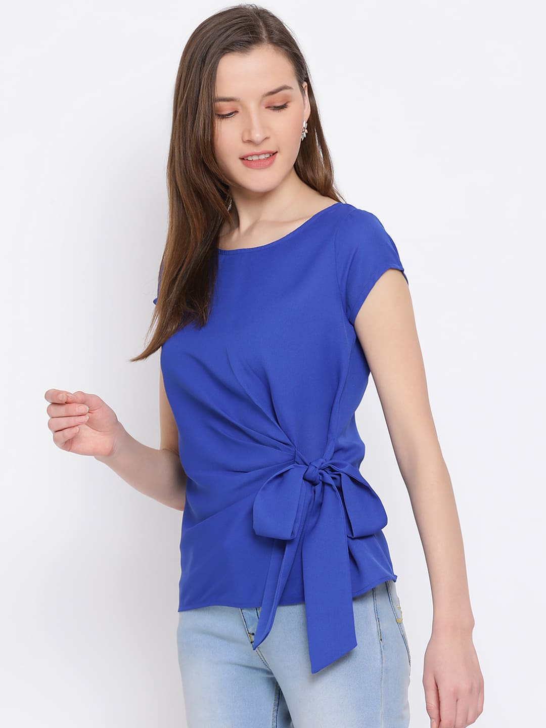 Regular,Blue Top,Regular Top,Round Neck Top,Short Sleeves Top,Blue Solid Top