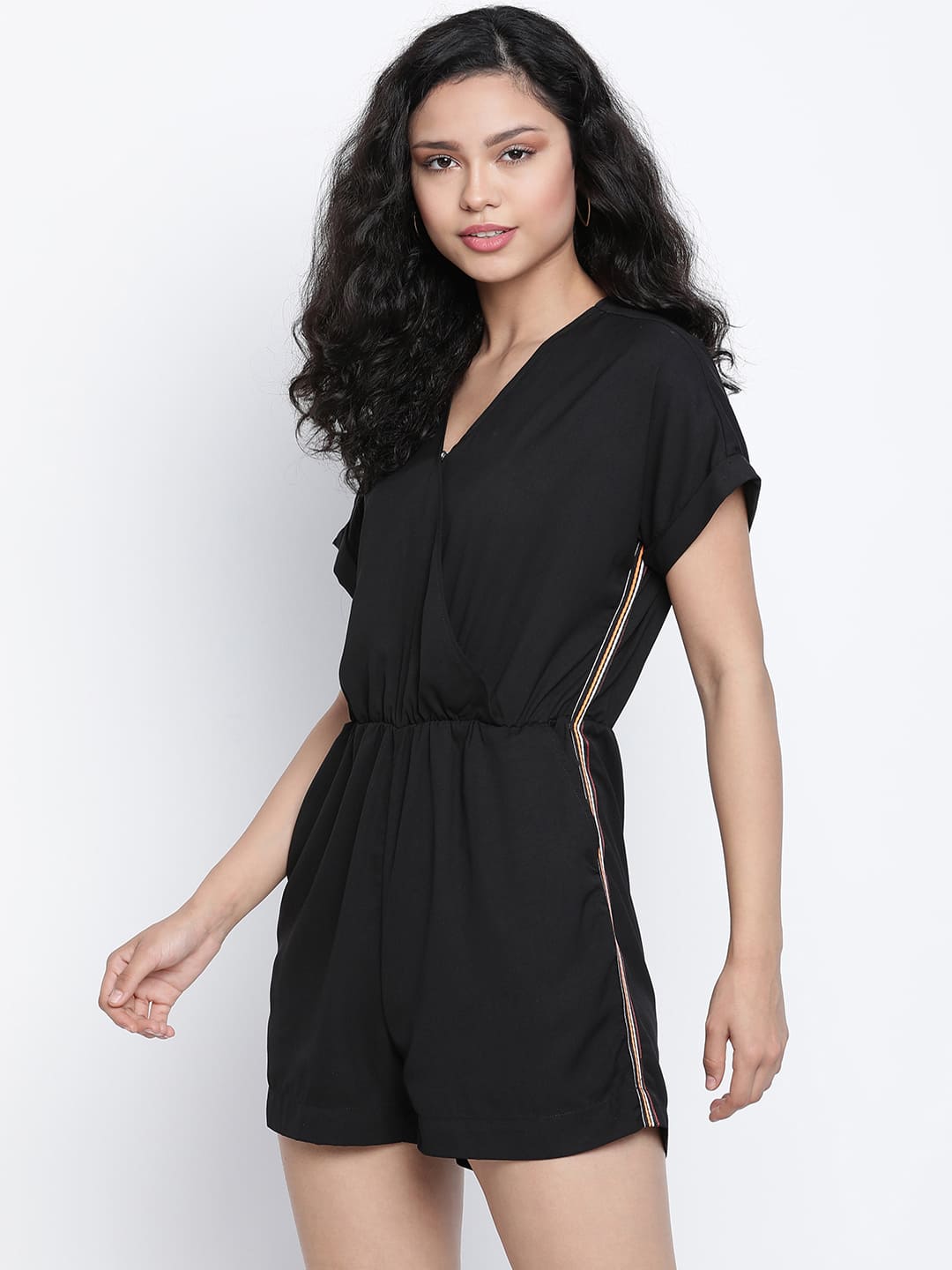 Short,Black Jumpsuit,Short Jumpsuit,V-Neck Jumpsuit,Short Sleeves Jumpsuit,Black Solid Jumpsuit