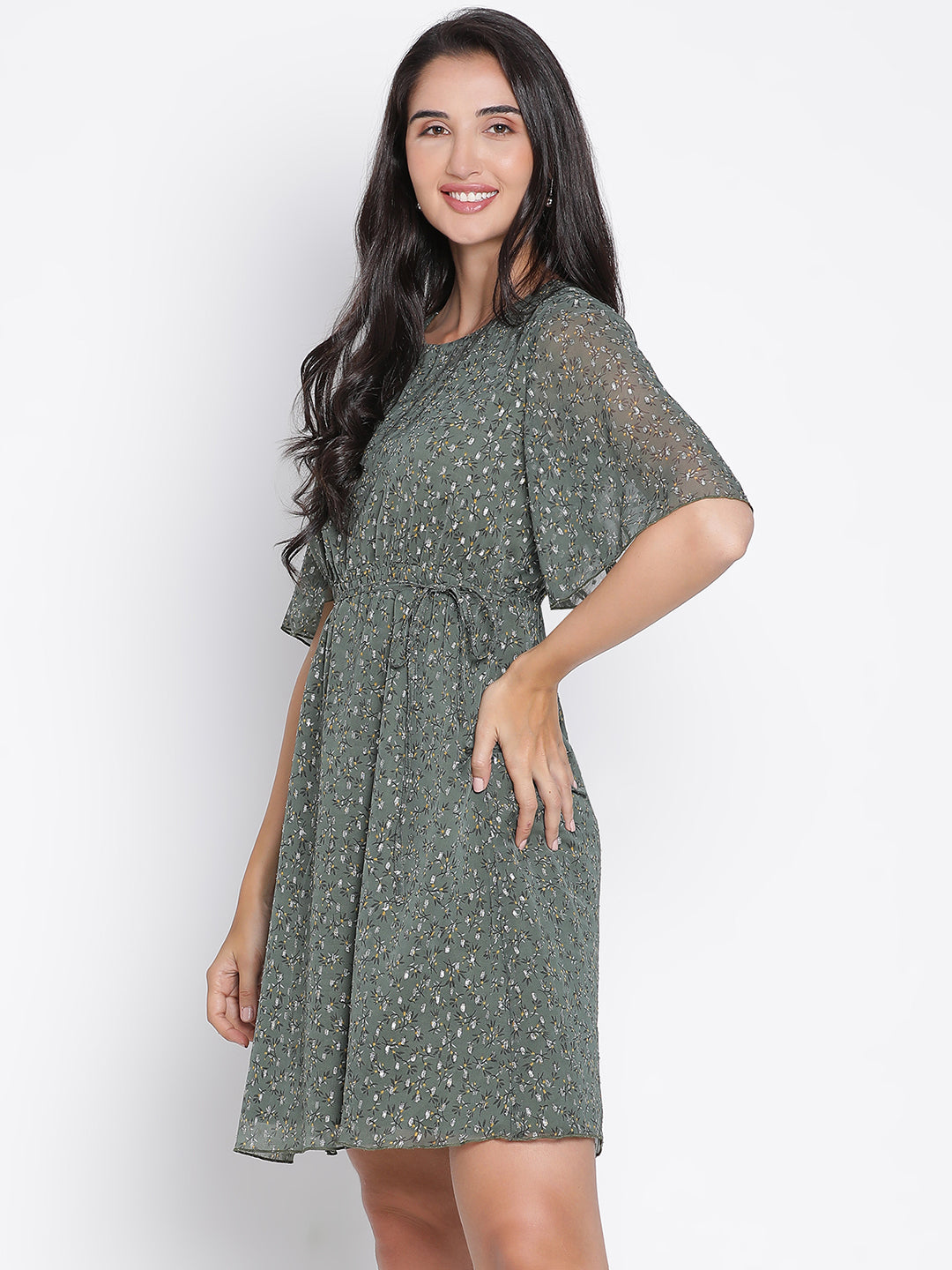 Mini,Green Dress,Mini Dress,Round Neck Dress,Short Sleeves Dress,Green Printed Dress