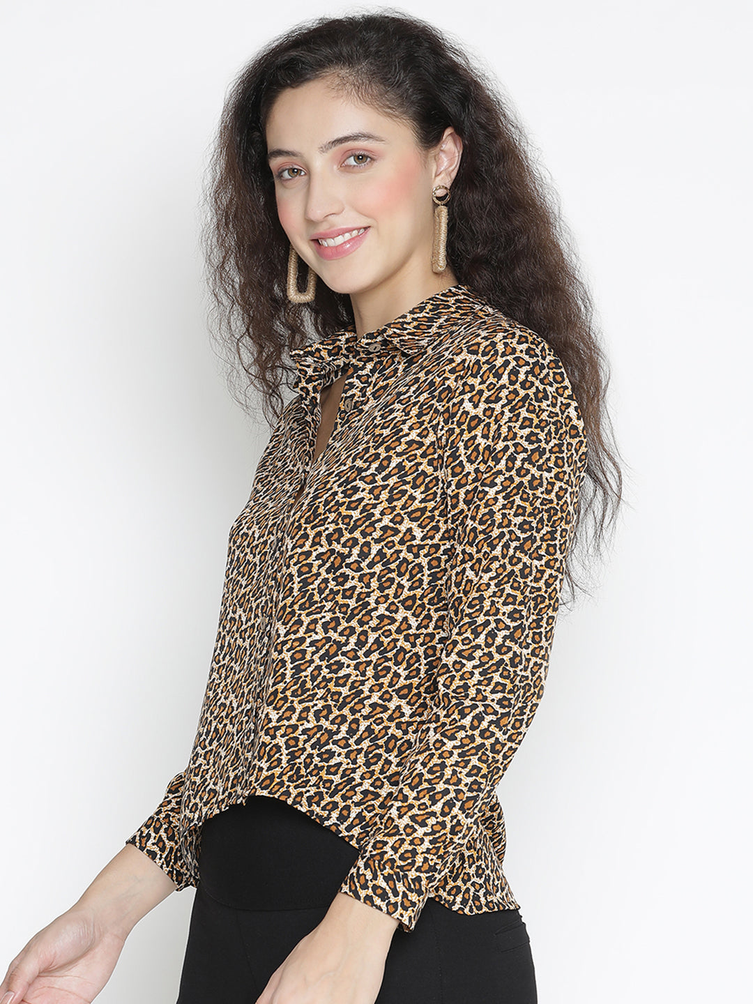 Regular,Multicolor Top,Regular Top,Collared Neck Top,Full Sleeves Top,Multi Animal Print Top