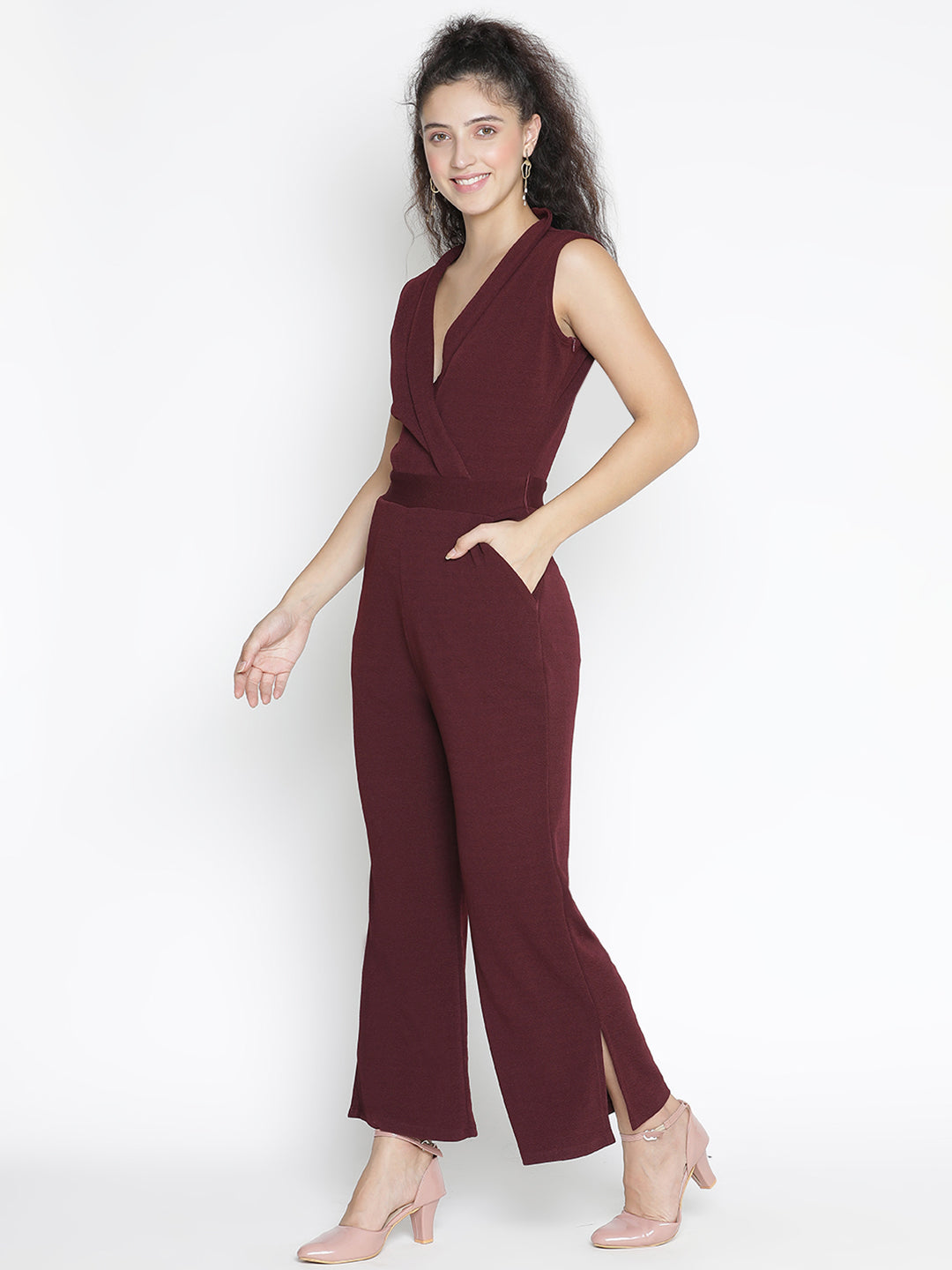 Ankle Length,Brown Jumpsuit,Ankle Length Jumpsuit,V-Neck Jumpsuit,Sleeveless Jumpsuit,Brown Solid Jumpsuit