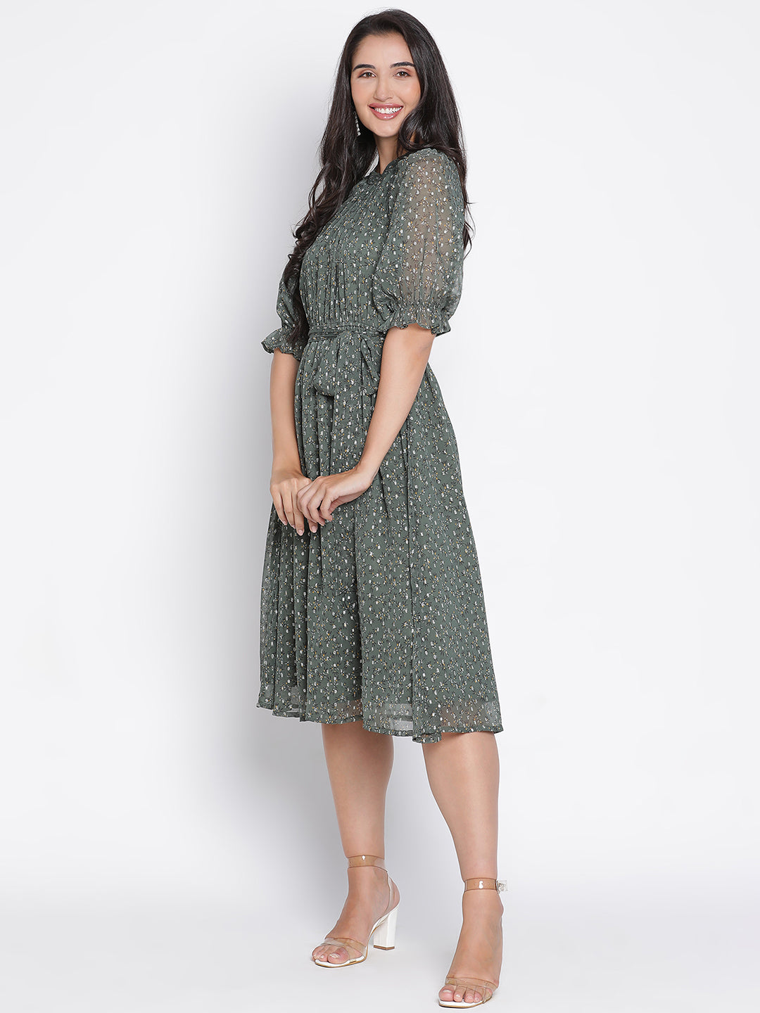 Knee Length,Green Dress,Knee Length Dress,Round Neck Dress,Short Sleeves Dress,Green Printed Dress