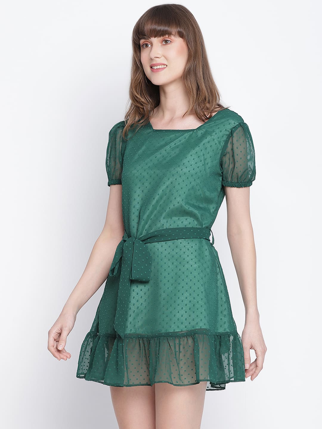 Above Knee,Green Dress,Above Knee Dress,Round Neck Dress,Short Sleeves Dress,Green Solid Dress