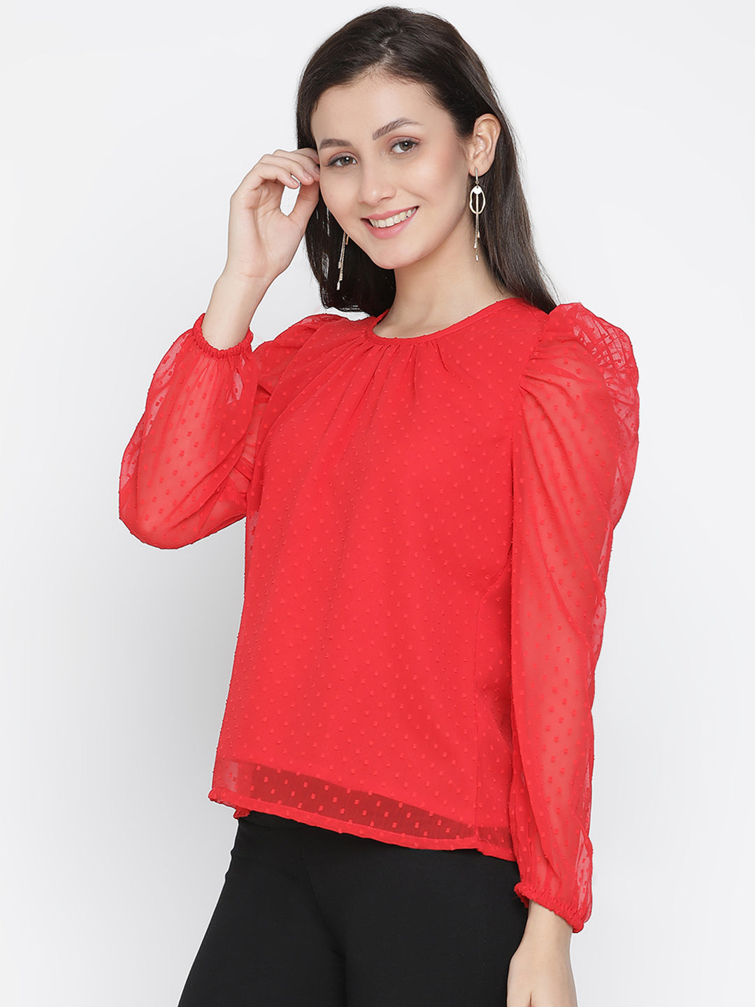 Regular,Red Top,Regular Top,Round Neck Top,Full Sleeves Top,Red Solid Top