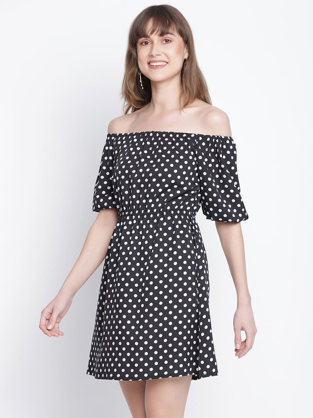 Knee Length,Black Dress,Knee Length Dress,Off Shoulder Dress,Sleeveless Dress,Black Polka Dot Dress