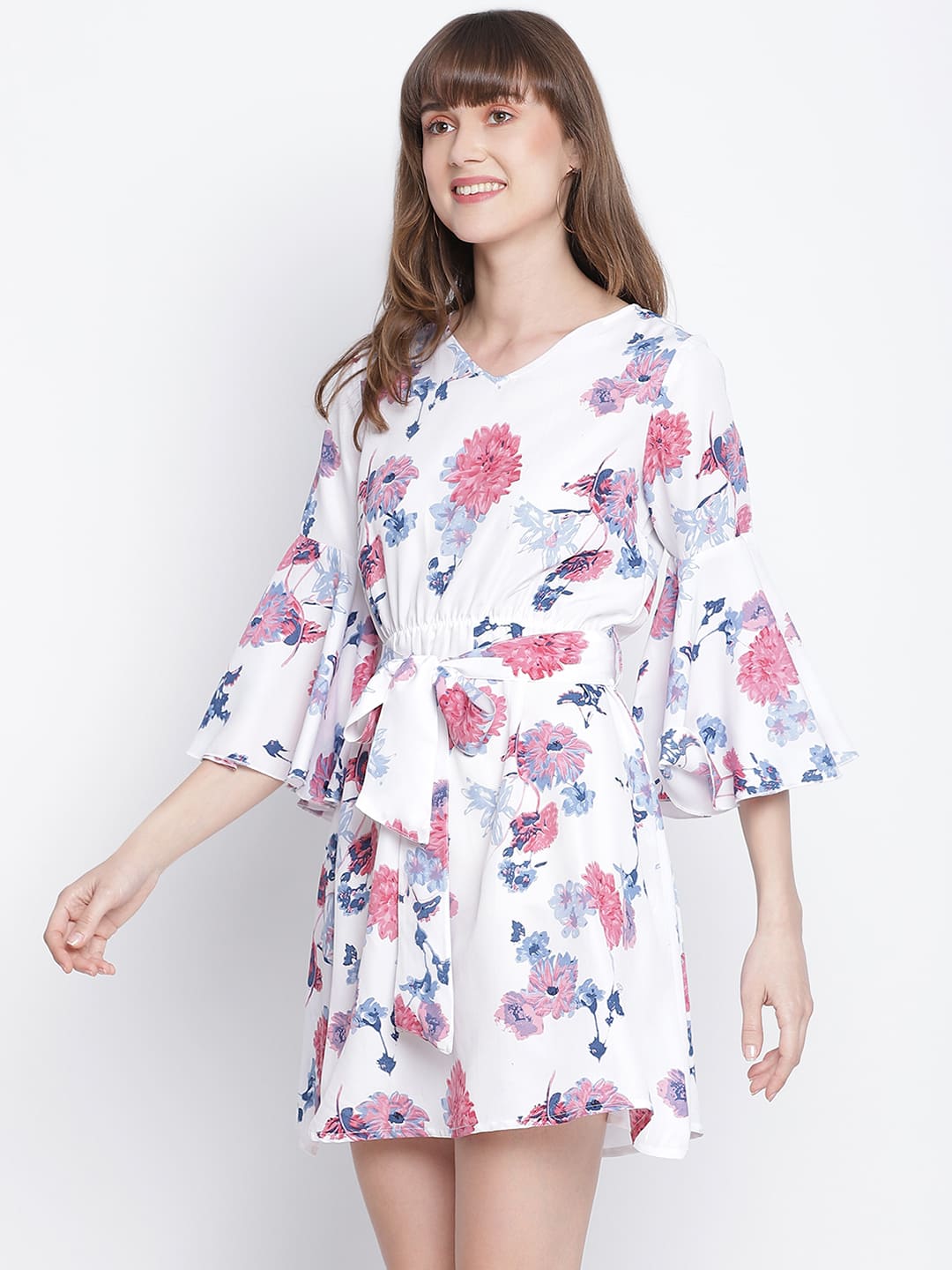 Knee Length,White Dress,Knee Length Dress,V-Neck Dress,Quater Sleeves Dress,White Floral Print Dress