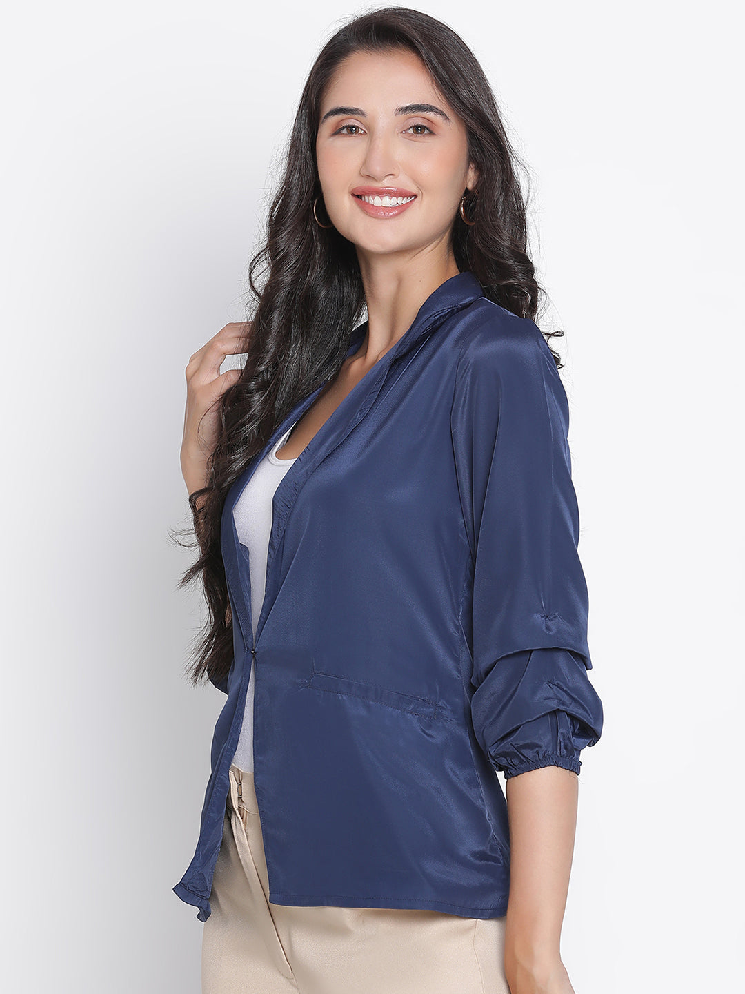 Regular,Blue Top,Regular Top,Lapel Neck Top,Quater Sleeves Top,Blue Solid Top