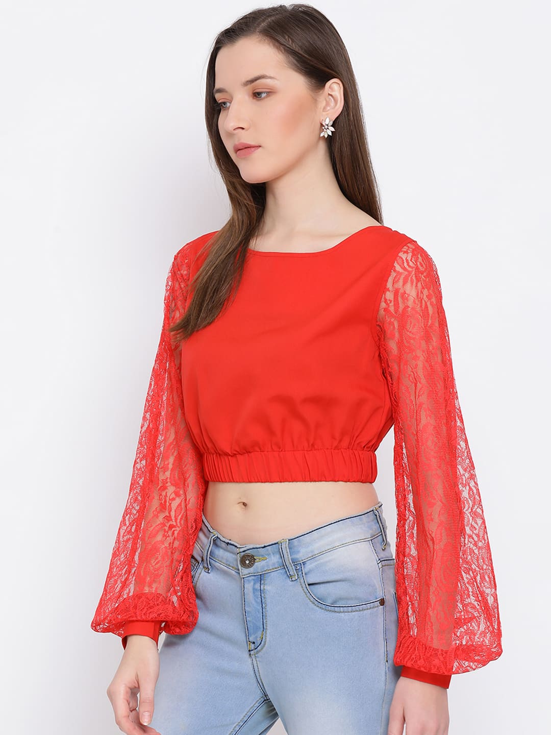 Crop Top,Red Top,Crop Top,Round Neck Top,Full Sleeves Top,Red Solid Top