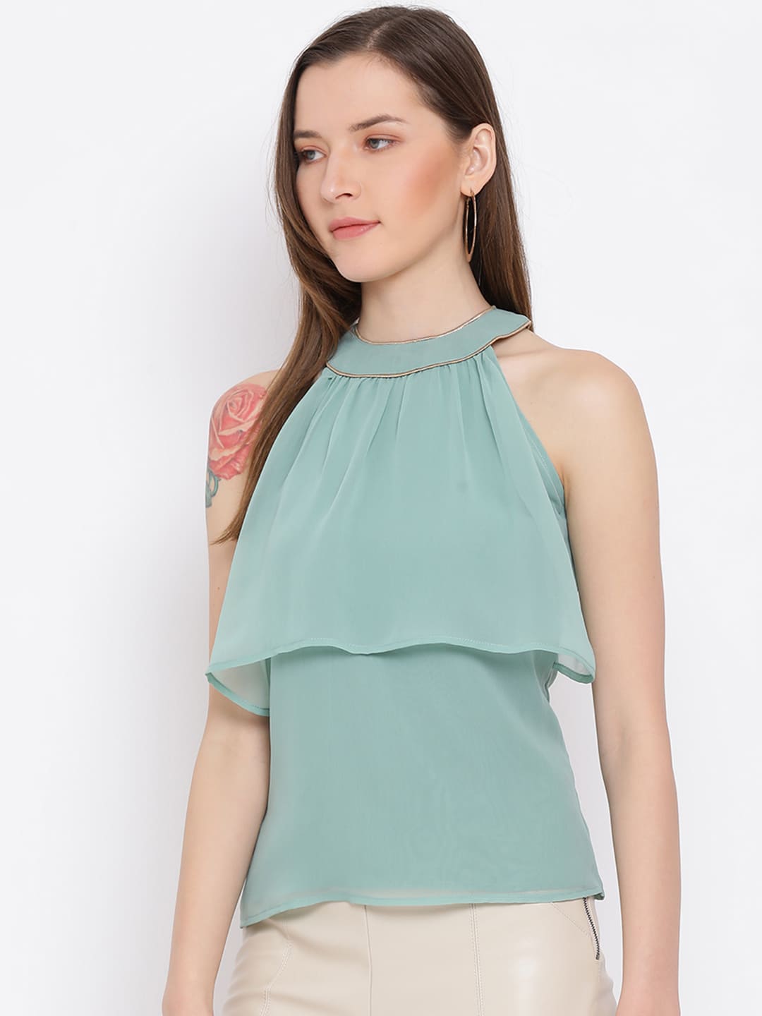 Regular,Green Top,Regular Top,Round Neck Top,Sleeveless Top,Green Solid Top