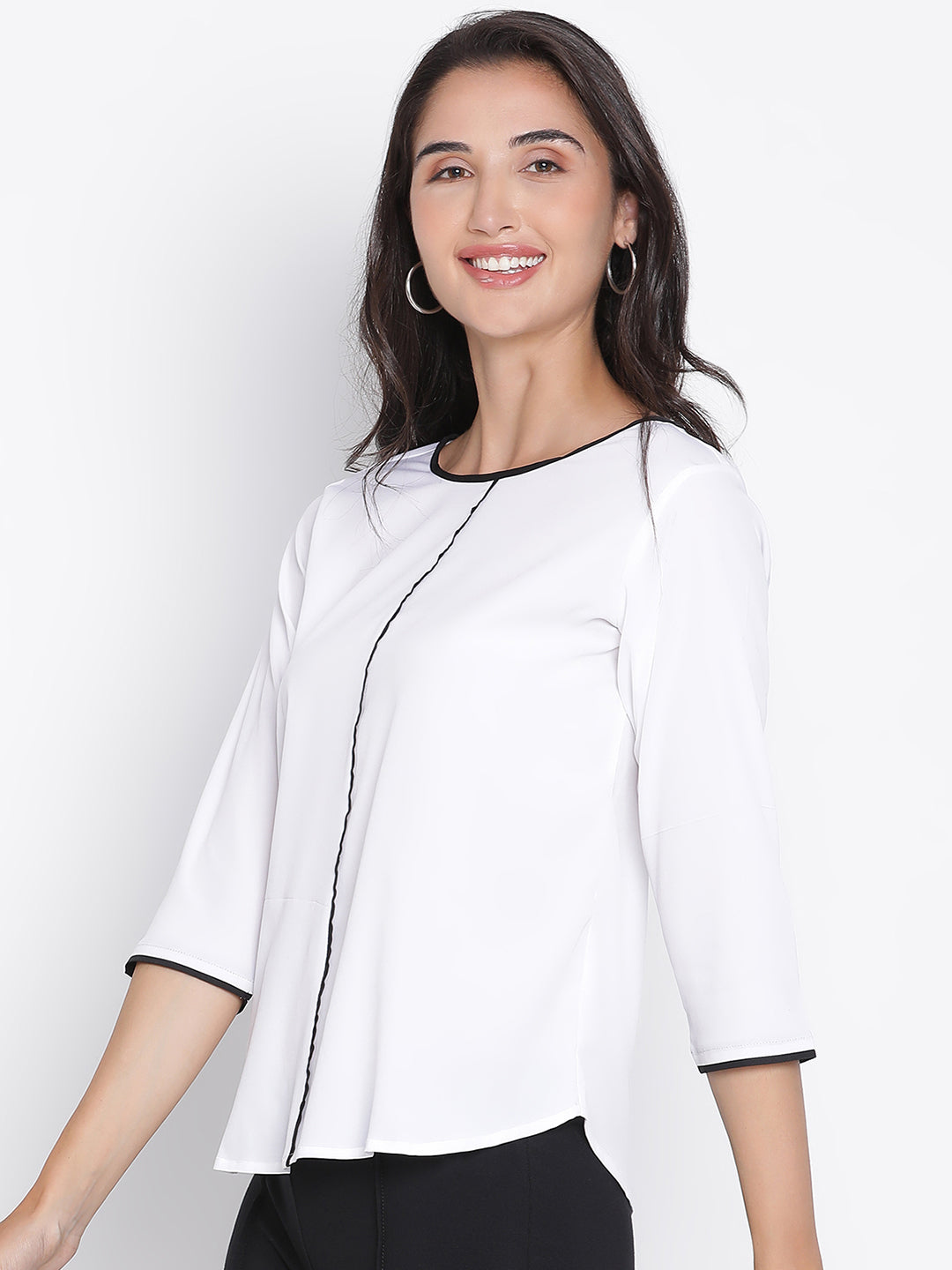 Regular,White Top,Regular Top,Round Neck Top,Quater Sleeves Top,White Solid Top