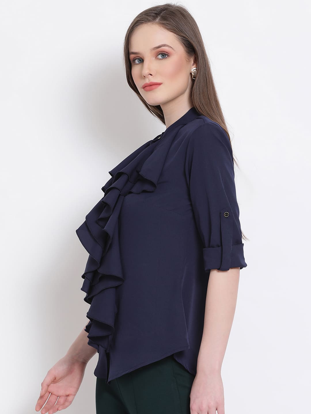 Regular,Blue Top,Regular Top,V-Neck Top,Quater Sleeves Top,Blue Solid Top