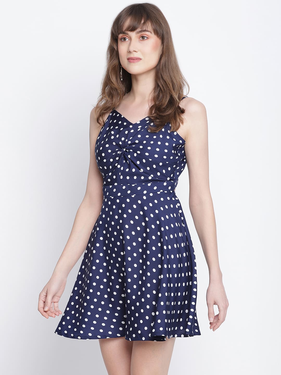 Knee Length,Blue Dress,Knee Length Dress,V-Neck Dress,Sleeveless Dress,Blue Polka Dot Dress