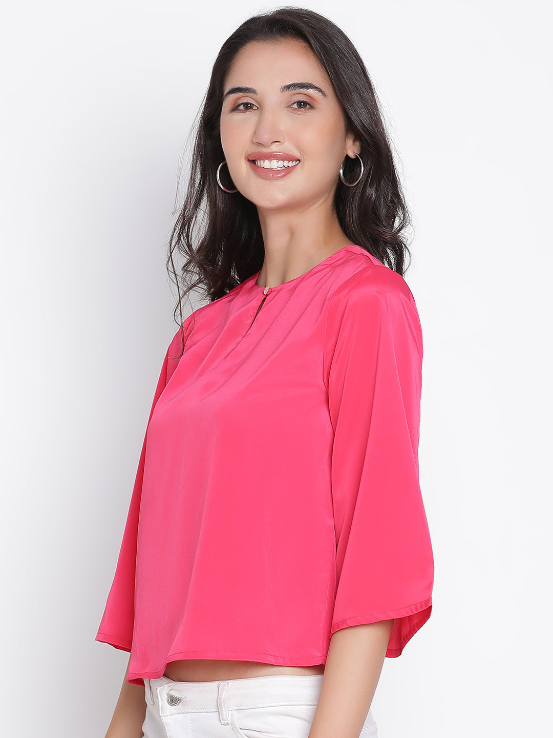 Crop Top,Pink Top,Crop Top,Round Neck Top,Quater Sleeves Top,Pink Solid Top