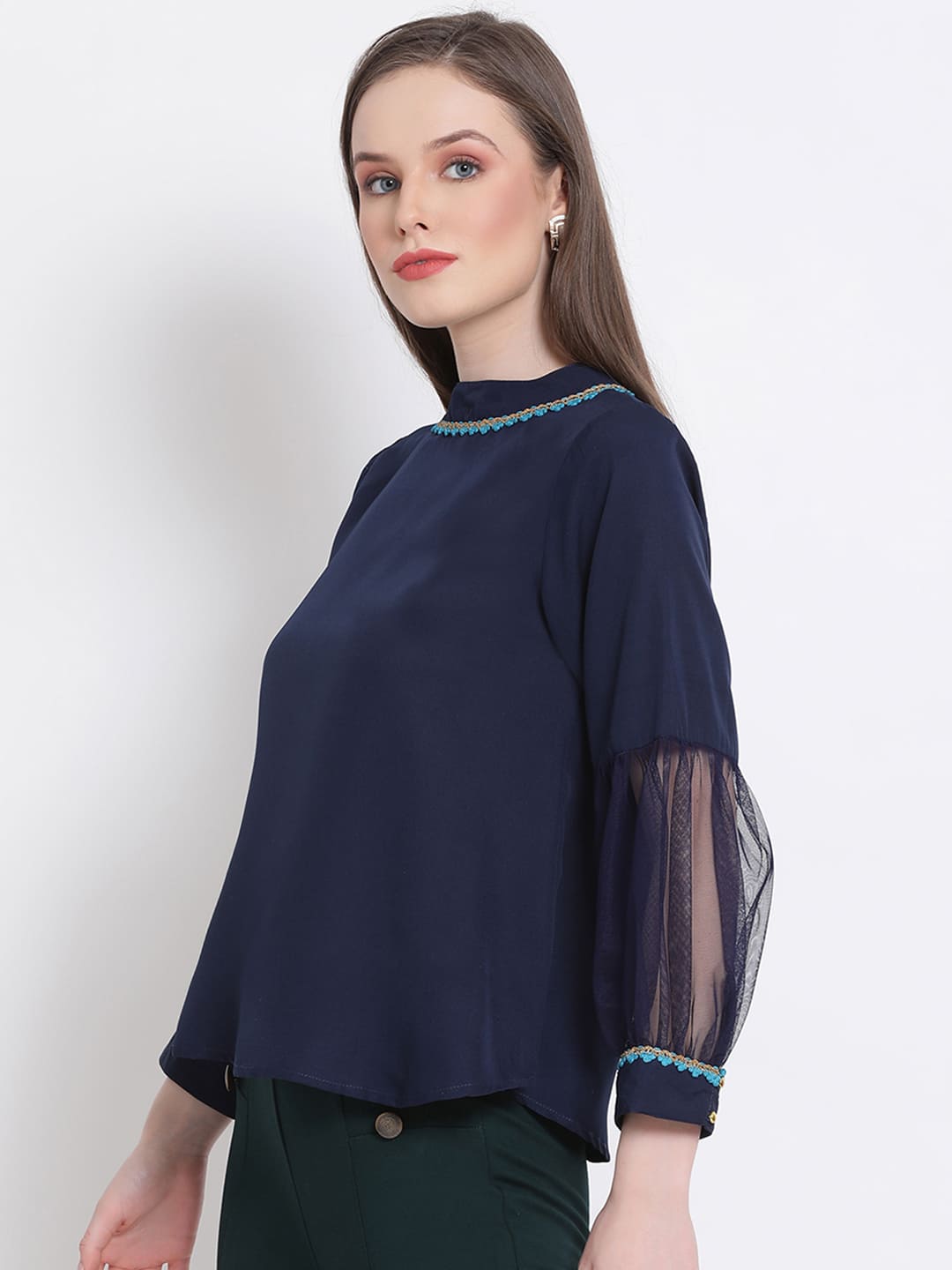 Regular,Blue Top,Regular Top,Round Neck Top,Full Sleeves Top,Blue Solid Top