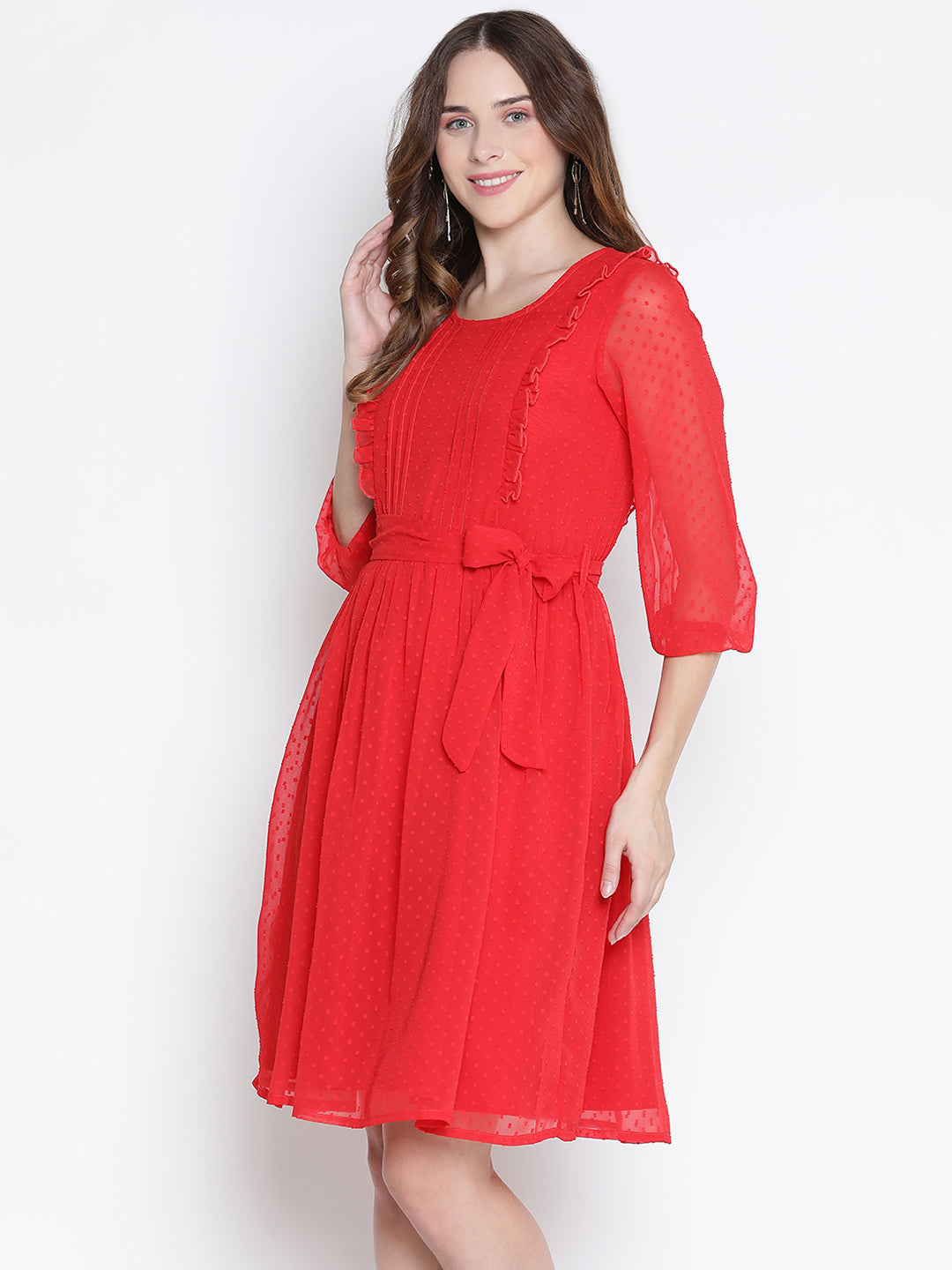 Knee Length,Red Dress,Knee Length Dress,Round Neck Dress,Quater Sleeves Dress,Red Solid Dress