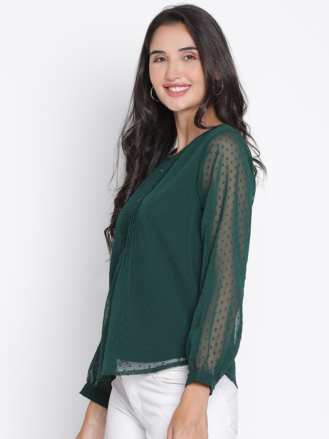 Regular,Green Top,Regular Top,Round Neck Top,Full Sleeves Top,Green Solid Top