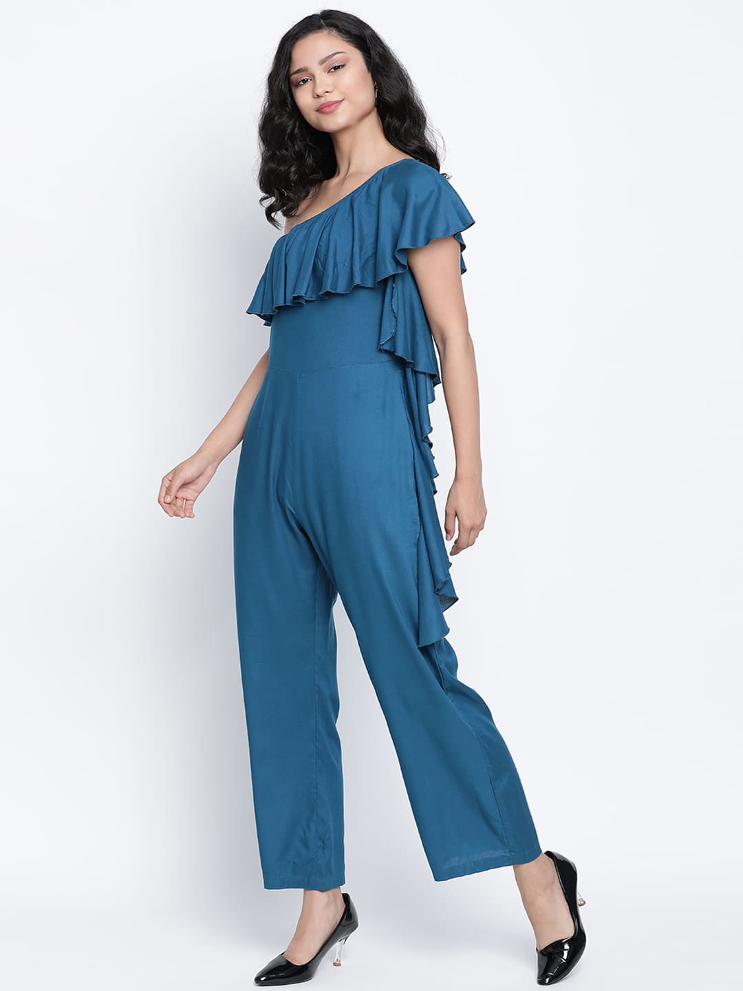 Ankle Length,Blue Jumpsuit,Ankle Length Jumpsuit,Cold Shoulder Jumpsuit,Sleeveless Jumpsuit,Blue Solid Jumpsuit