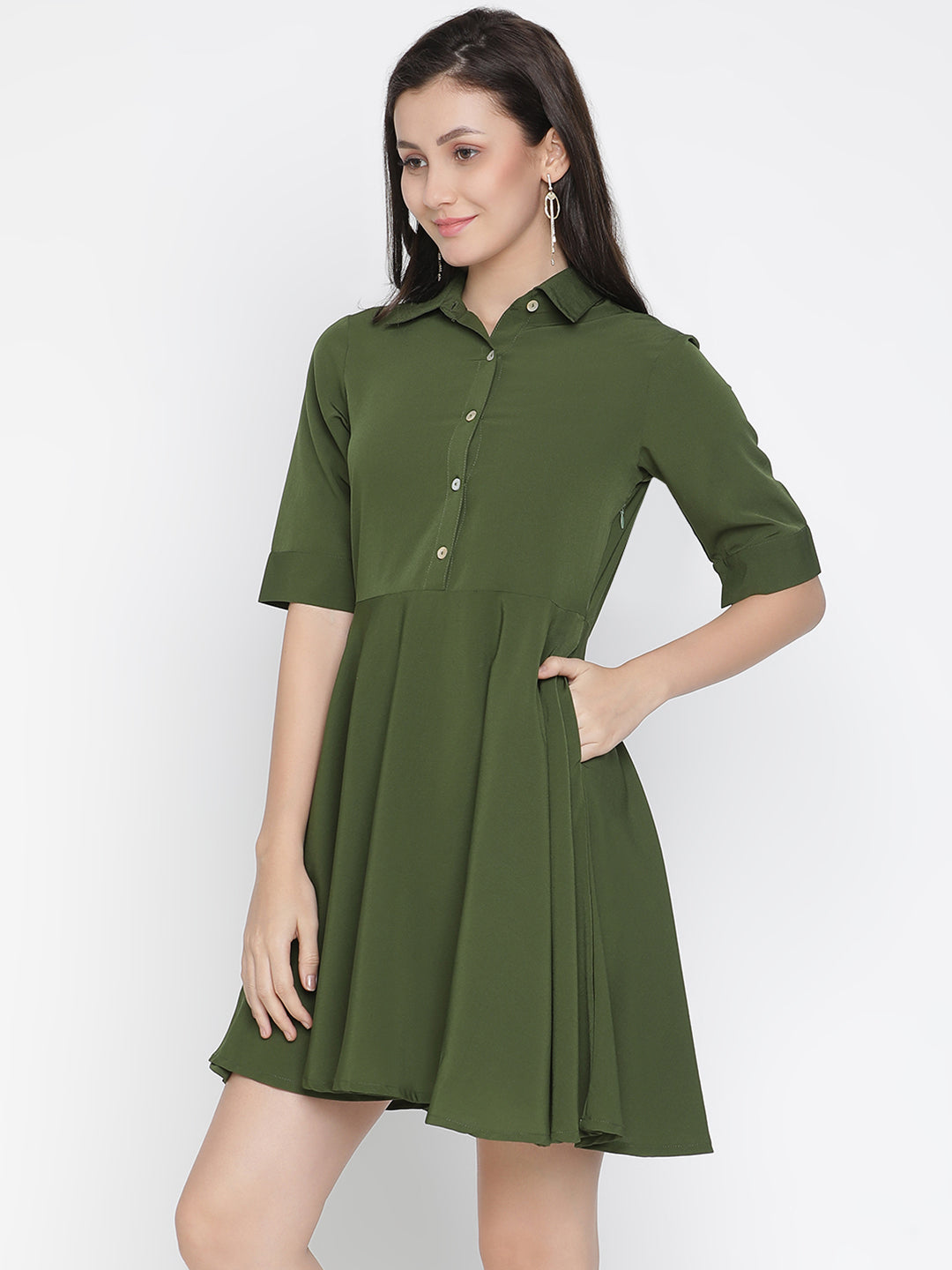 Knee Length,Green Dress,Knee Length Dress,Collared Neck Dress,Short Sleeves Dress,Green Solid Dress