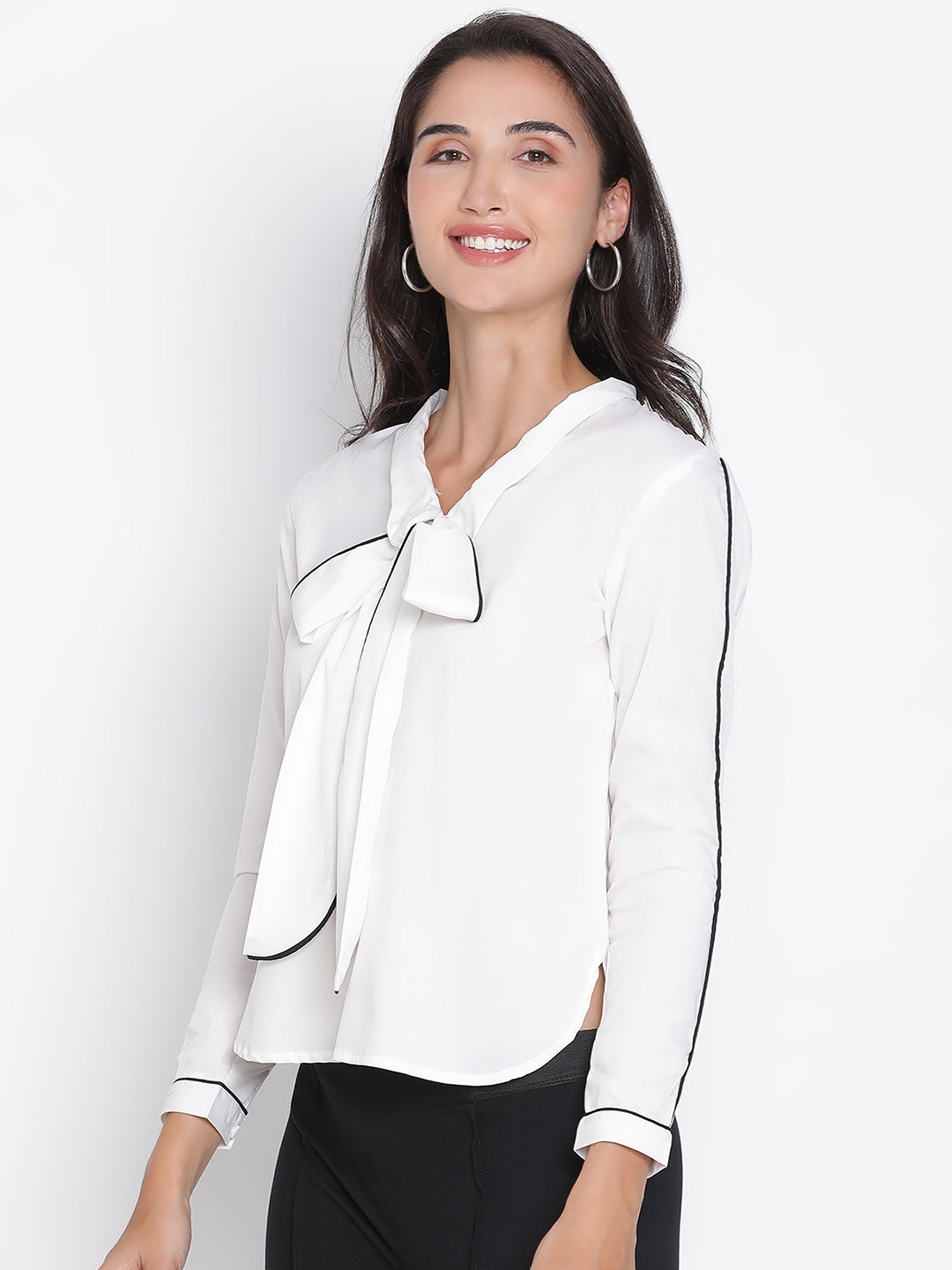 Regular,White Top,Regular Top,V-Neck Top,Full Sleeves Top,White Solid Top