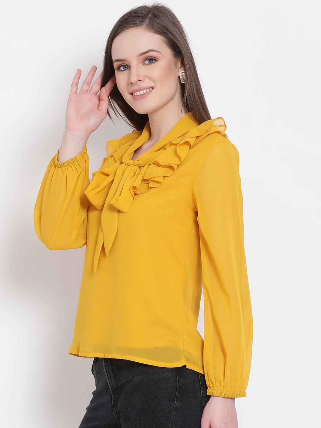 Regular,Yellow Top,Regular Top,V-Neck Top,Full Sleeves Top,Yellow Solid Top