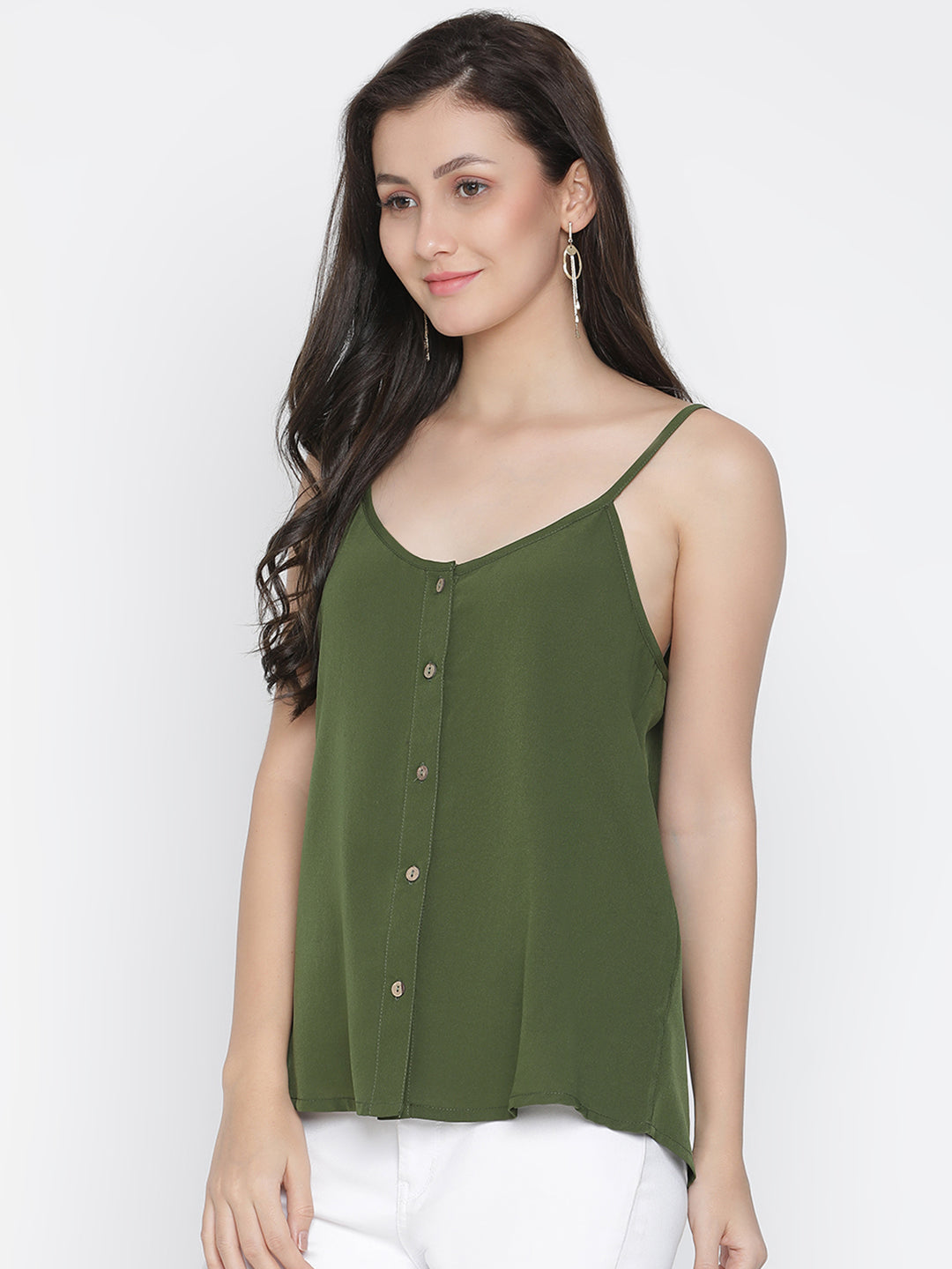 Spaghetti Top,Green Top,Spaghetti Top,Round Neck Top,Sleeveless Top,Green Solid Top