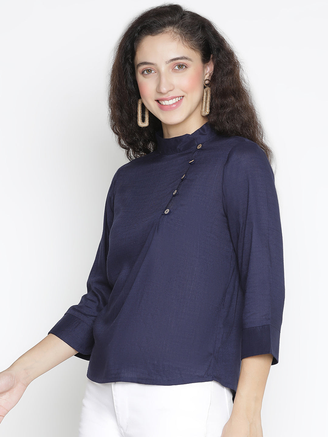 Regular,Blue Top,Regular Top,Collared Neck Top,Quater Sleeves Top,Blue Solid Top