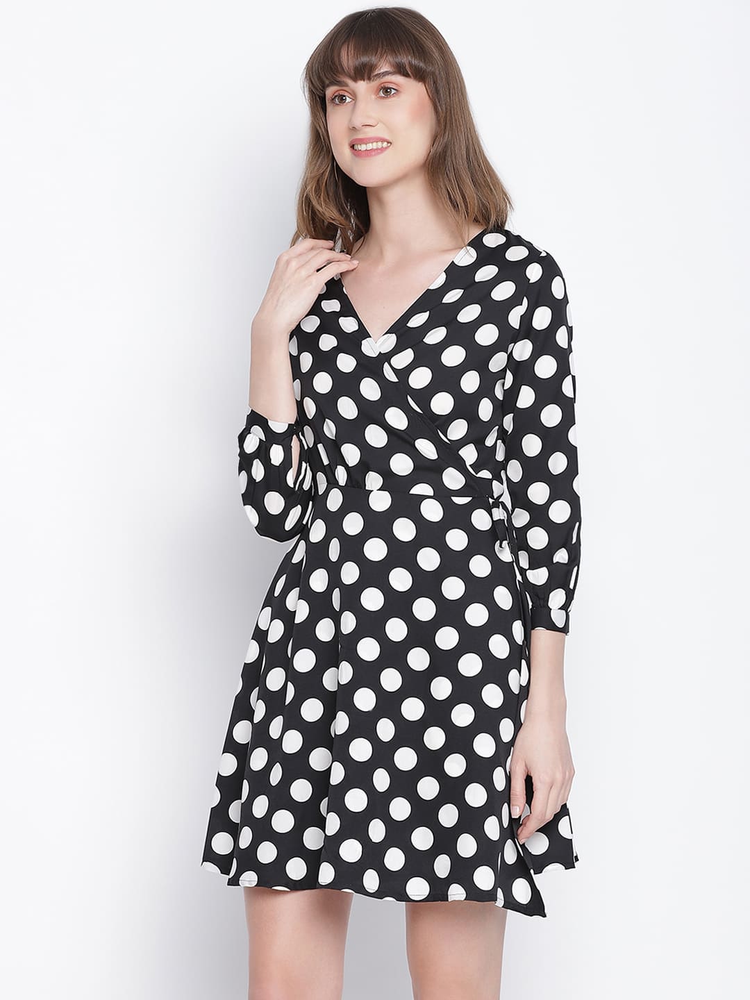 Knee Length,Black Dress,Knee Length Dress,V-Neck Dress,Quater Sleeves Dress,Black Polka Dots Dress