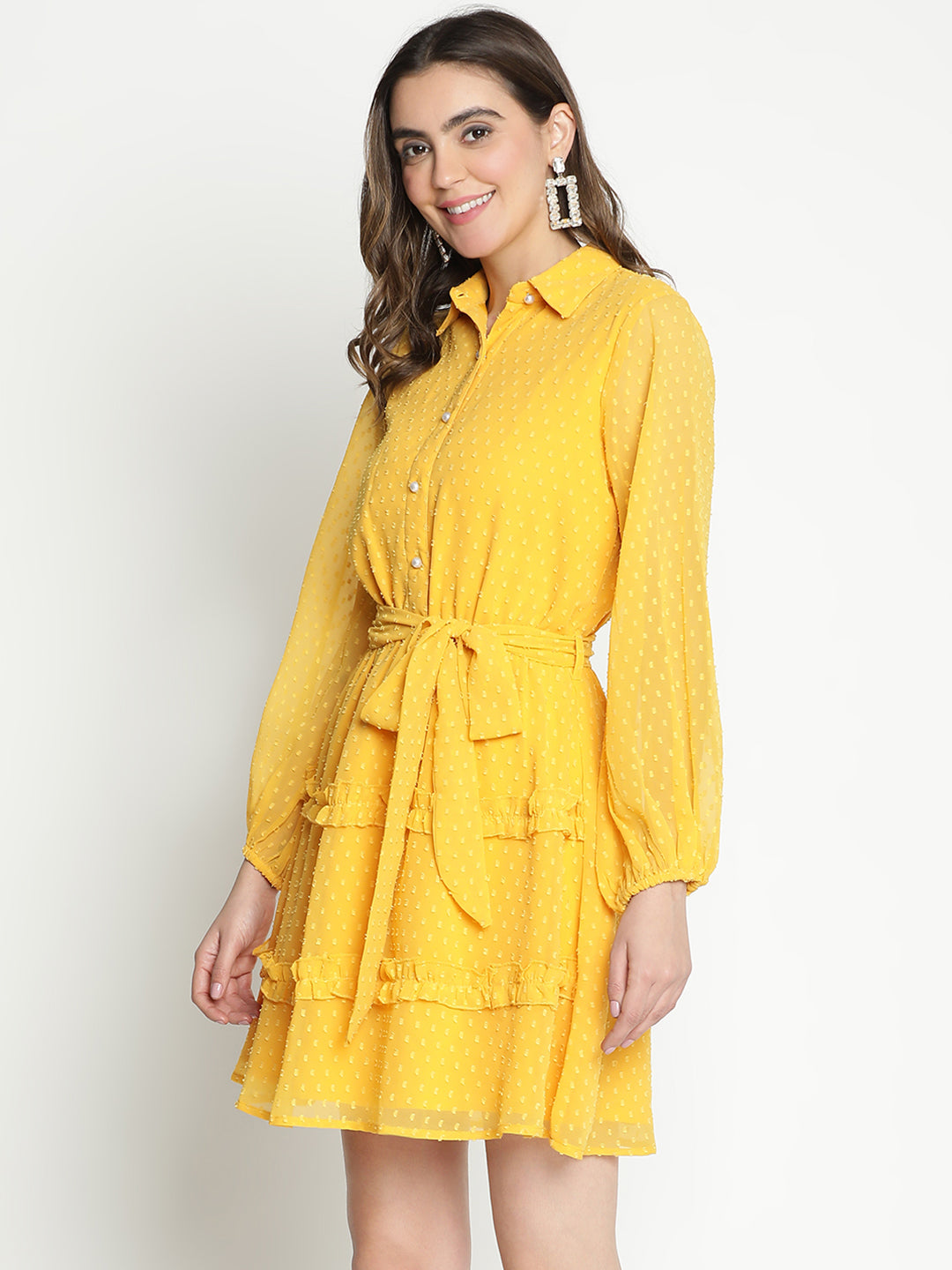 Knee Length,Yellow Dress,Knee Length Dress,Collared Neck Dress,Full Sleeves Dress,Yellow Solid Dress