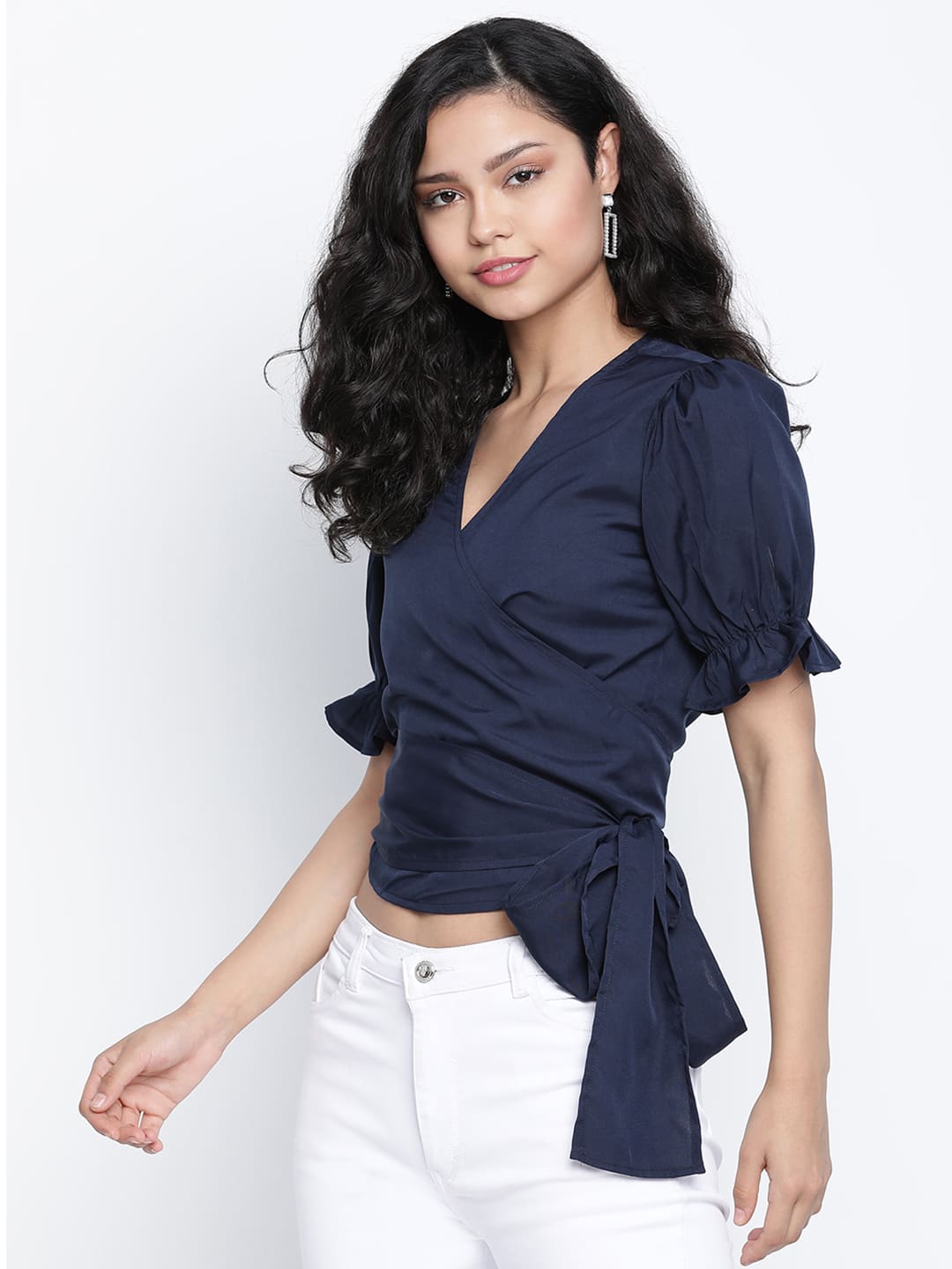 Crop Top,Blue Top,Crop Top,V-Neck Top,Short Sleeves Top,Blue Solid Top