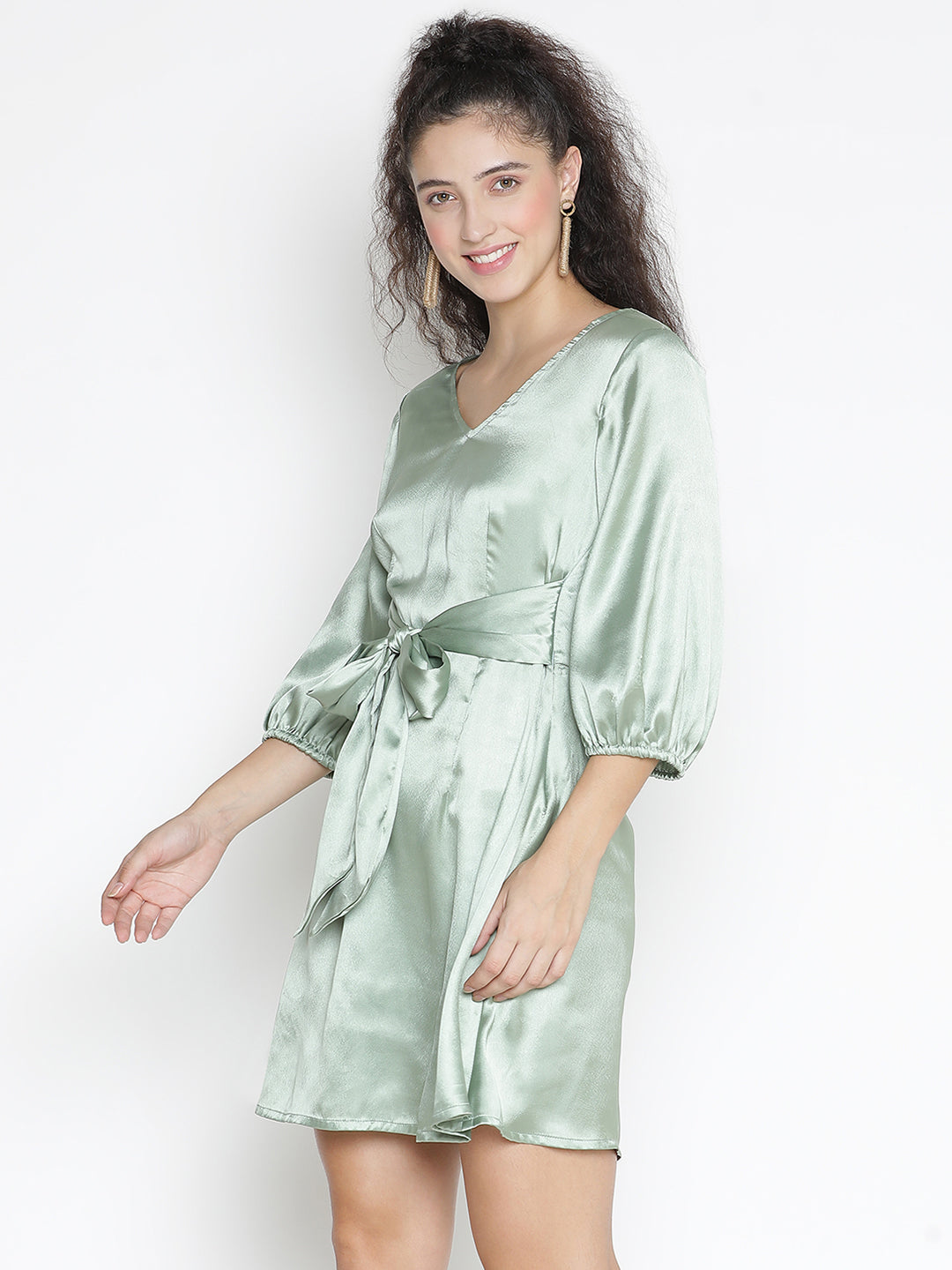 Knee Length,Green Dress,Knee Length Dress,V-Neck Dress,Quater Sleeves Dress,Green Solid Dress